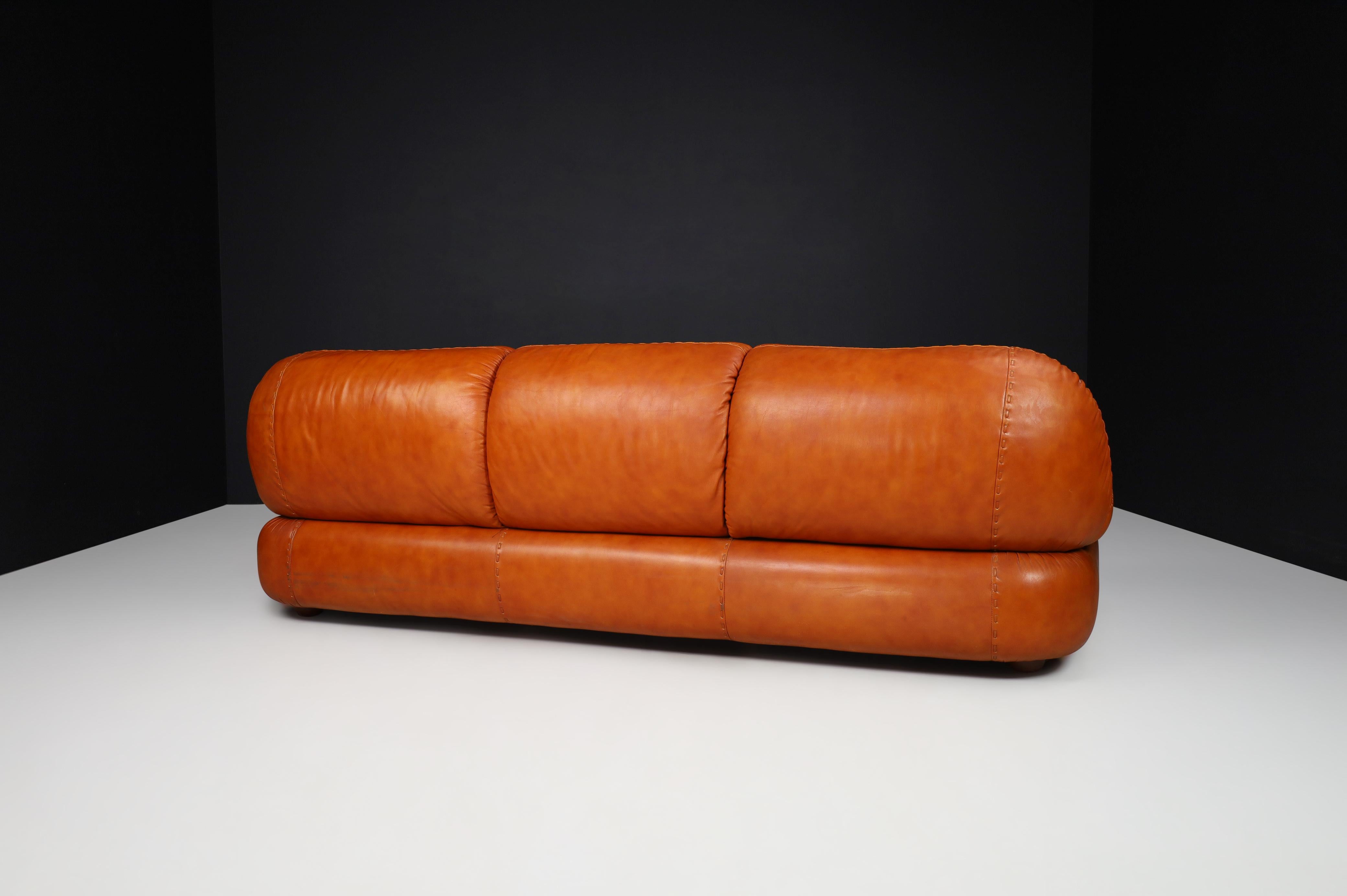 Large Lounge Sofa in Cognac Leather by Sapporo for Mobil Girgi, Italy, 1970 3