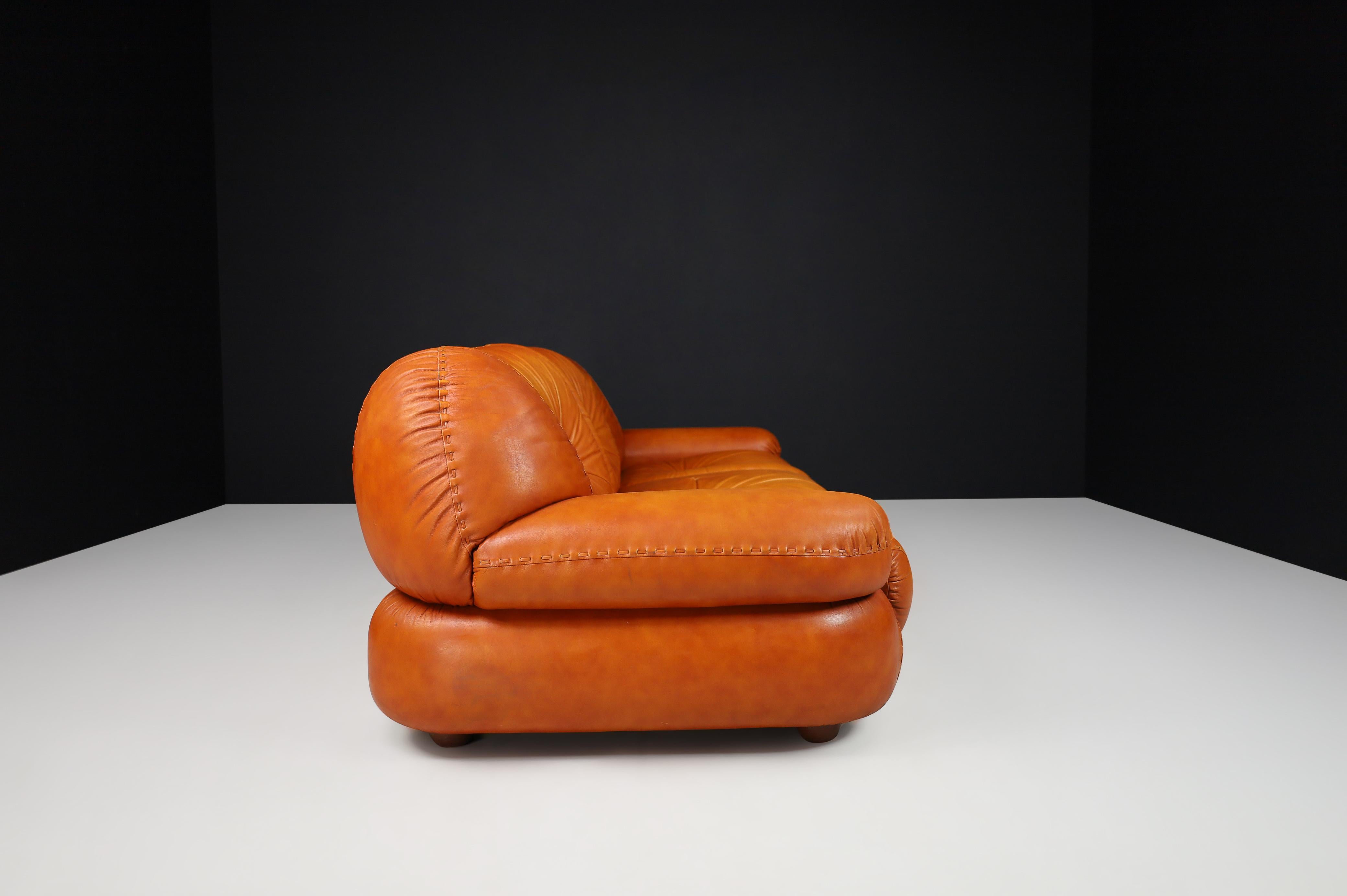 Italian Large Lounge Sofa in Cognac Leather by Sapporo for Mobil Girgi, Italy, 1970 