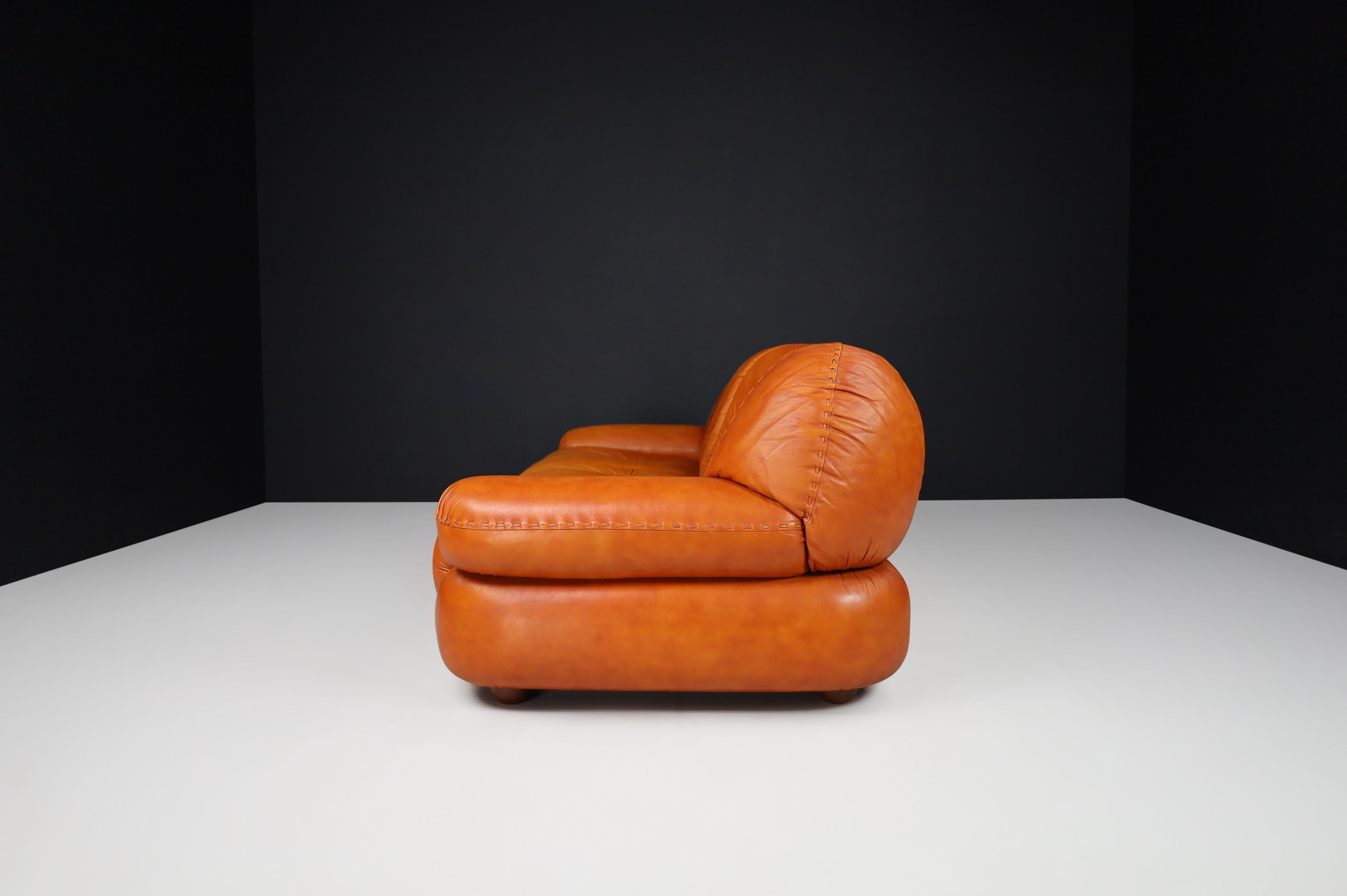 Large Lounge Sofa in Cognac Leather by Sapporo for Mobil Girgi, Italy, 1970  In Good Condition In Almelo, NL