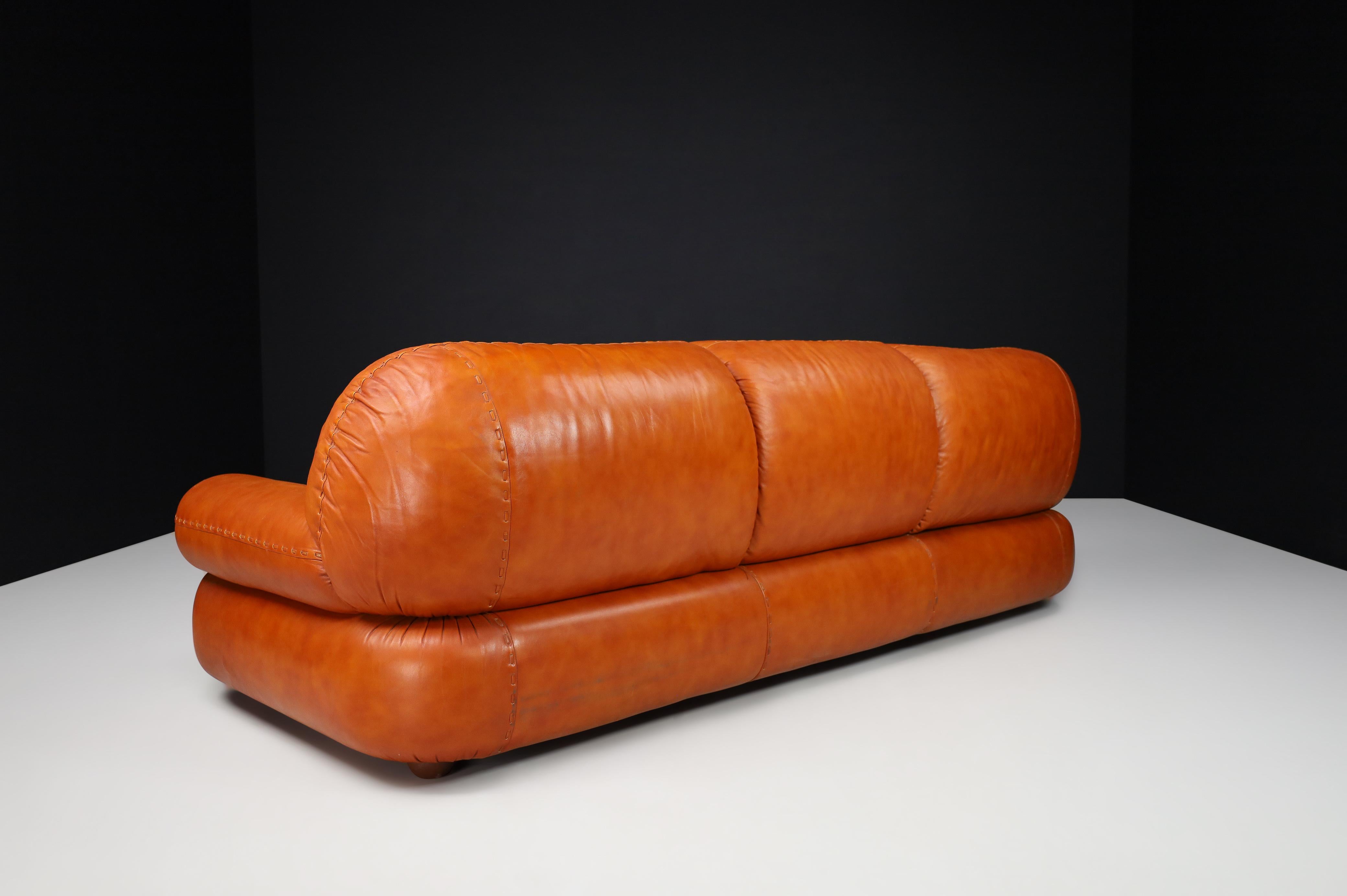 20th Century Large Lounge Sofa in Cognac Leather by Sapporo for Mobil Girgi, Italy, 1970
