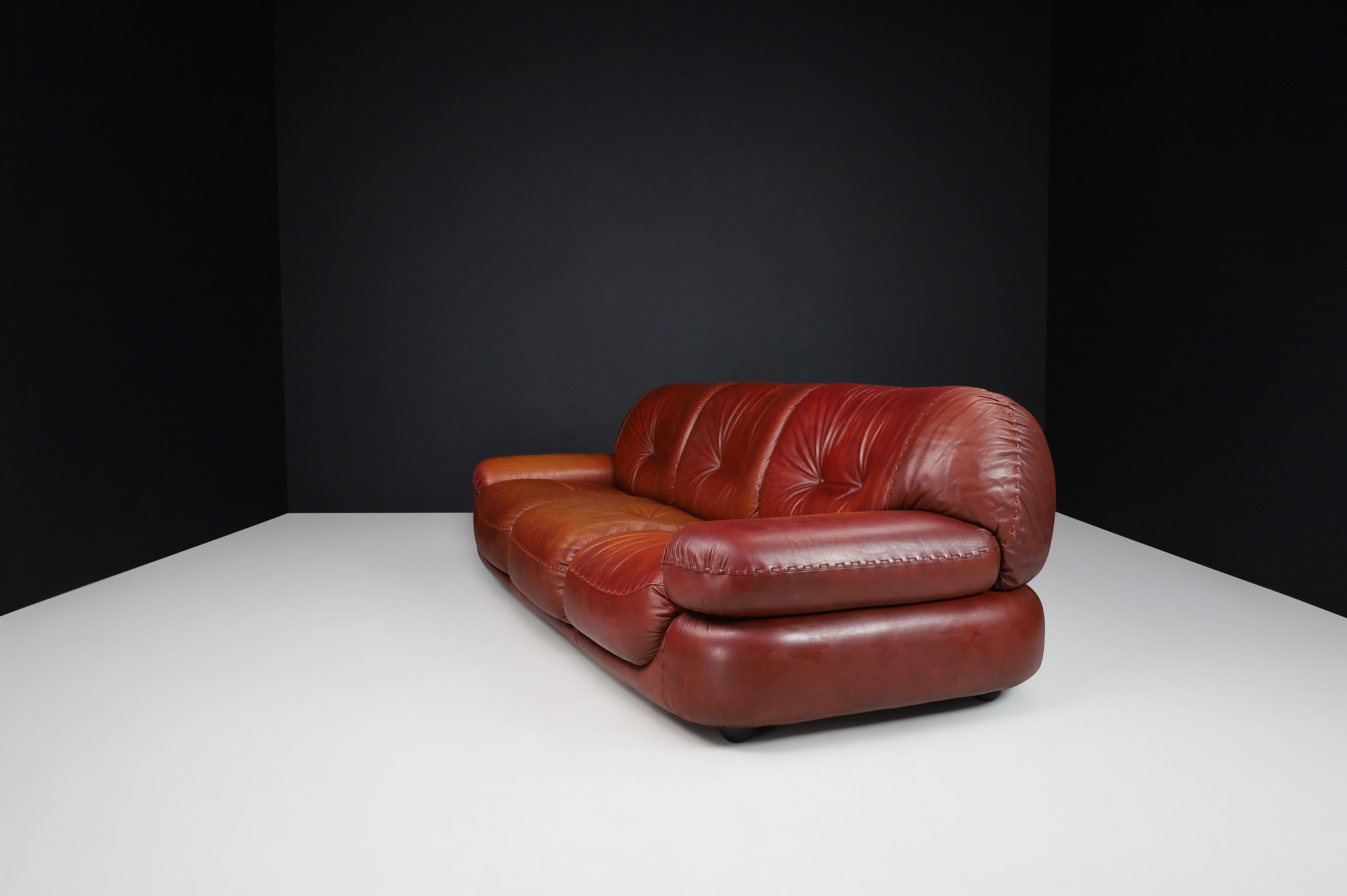 Large Lounge Sofa in Firebrick Leather by Sapporo for Mobil Girgi, Italy, 1970 For Sale 1