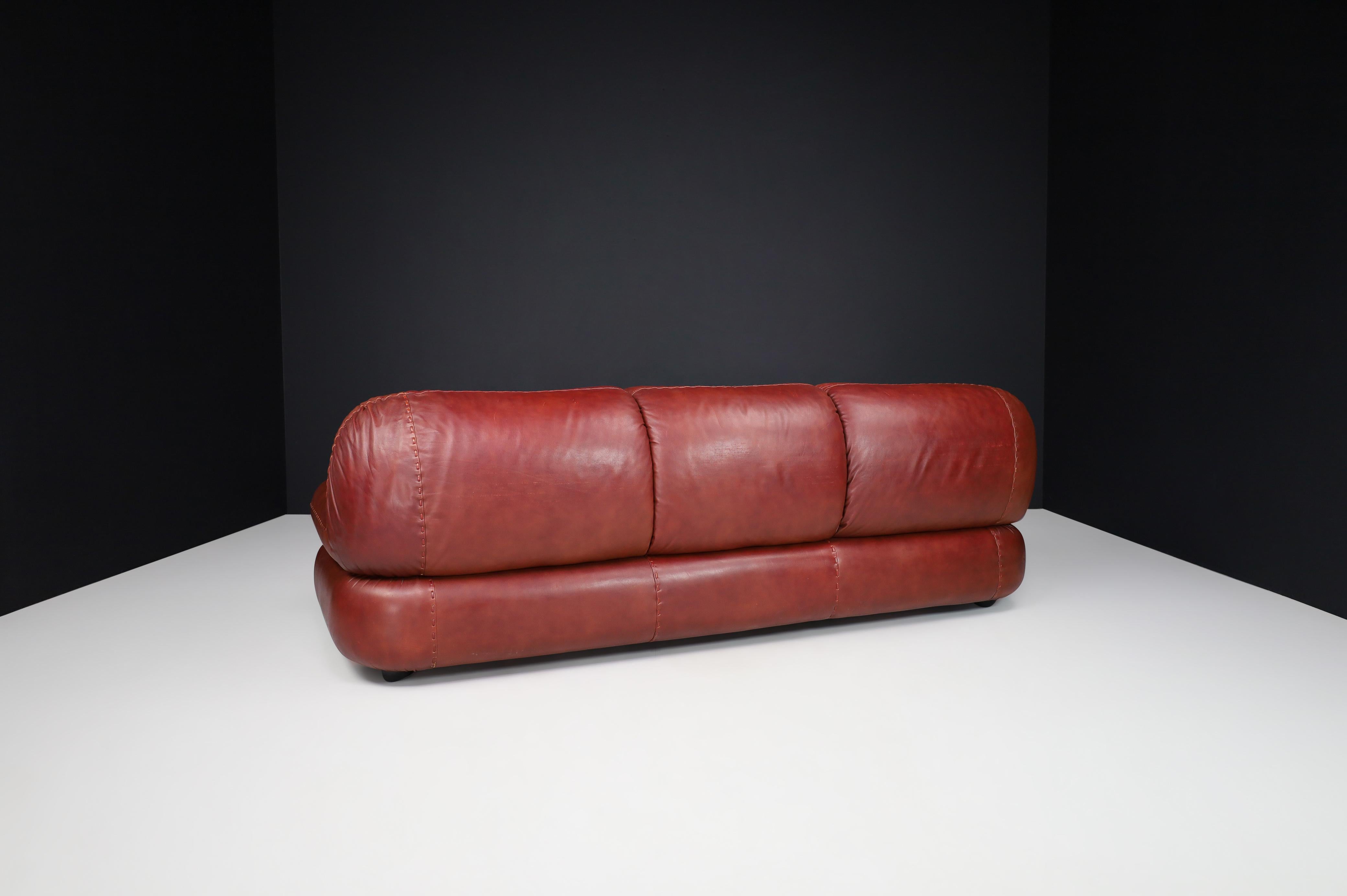 Large Lounge Sofa in Firebrick Leather by Sapporo for Mobil Girgi, Italy, 1970 For Sale 2