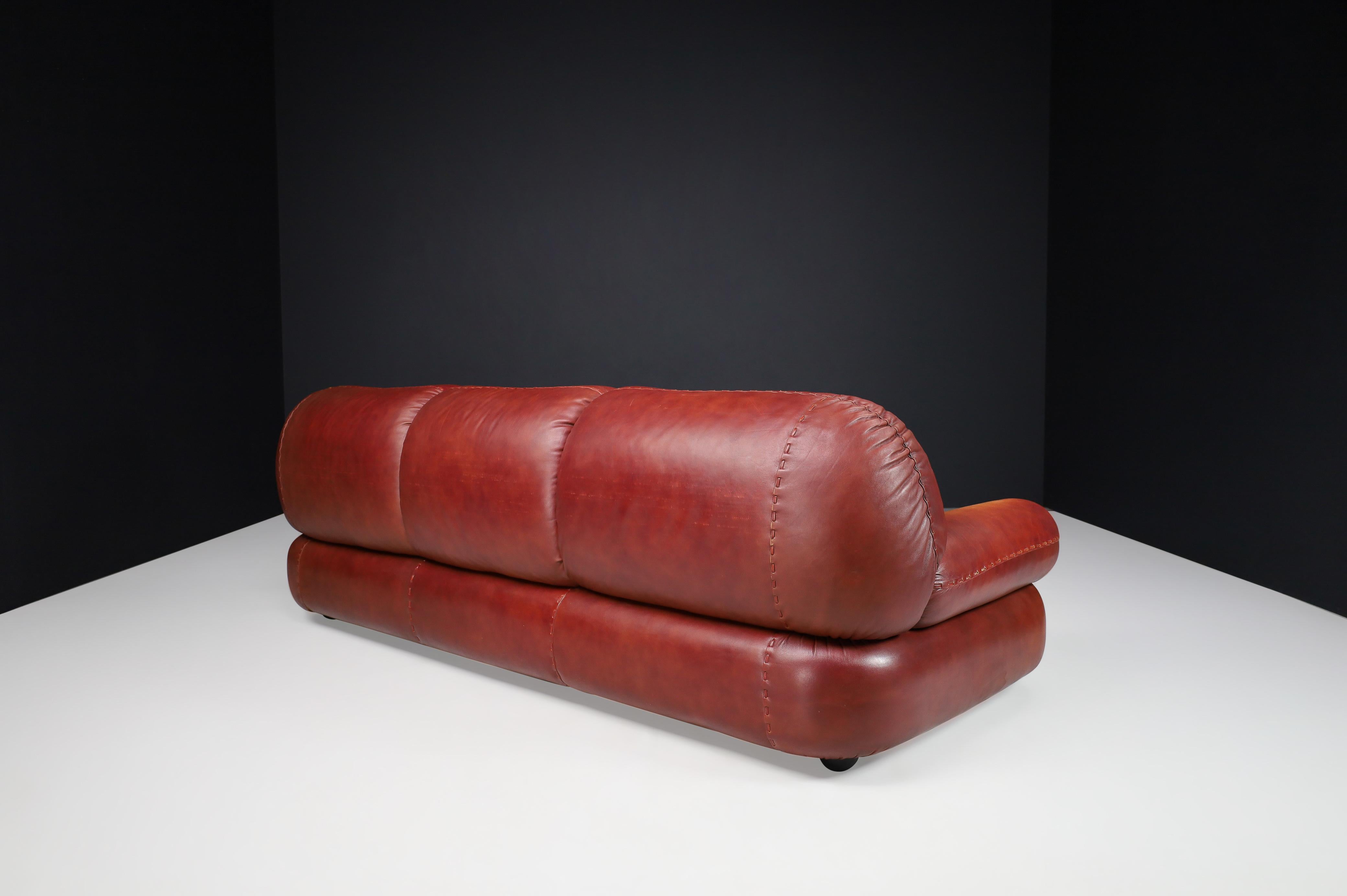 Mid-Century Modern Large Lounge Sofa in Firebrick Leather by Sapporo for Mobil Girgi, Italy, 1970 For Sale