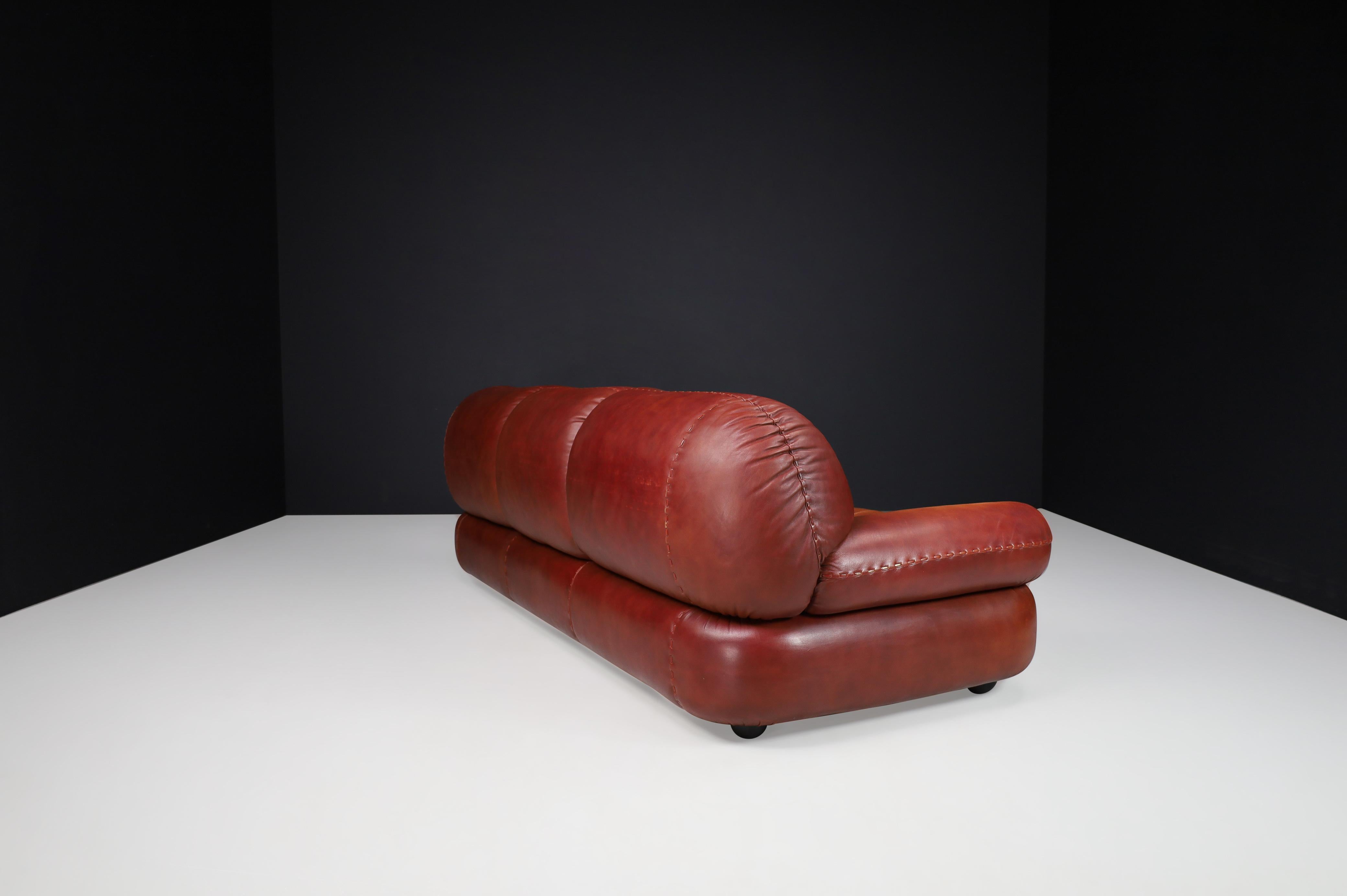 Italian Large Lounge Sofa in Firebrick Leather by Sapporo for Mobil Girgi, Italy, 1970 For Sale