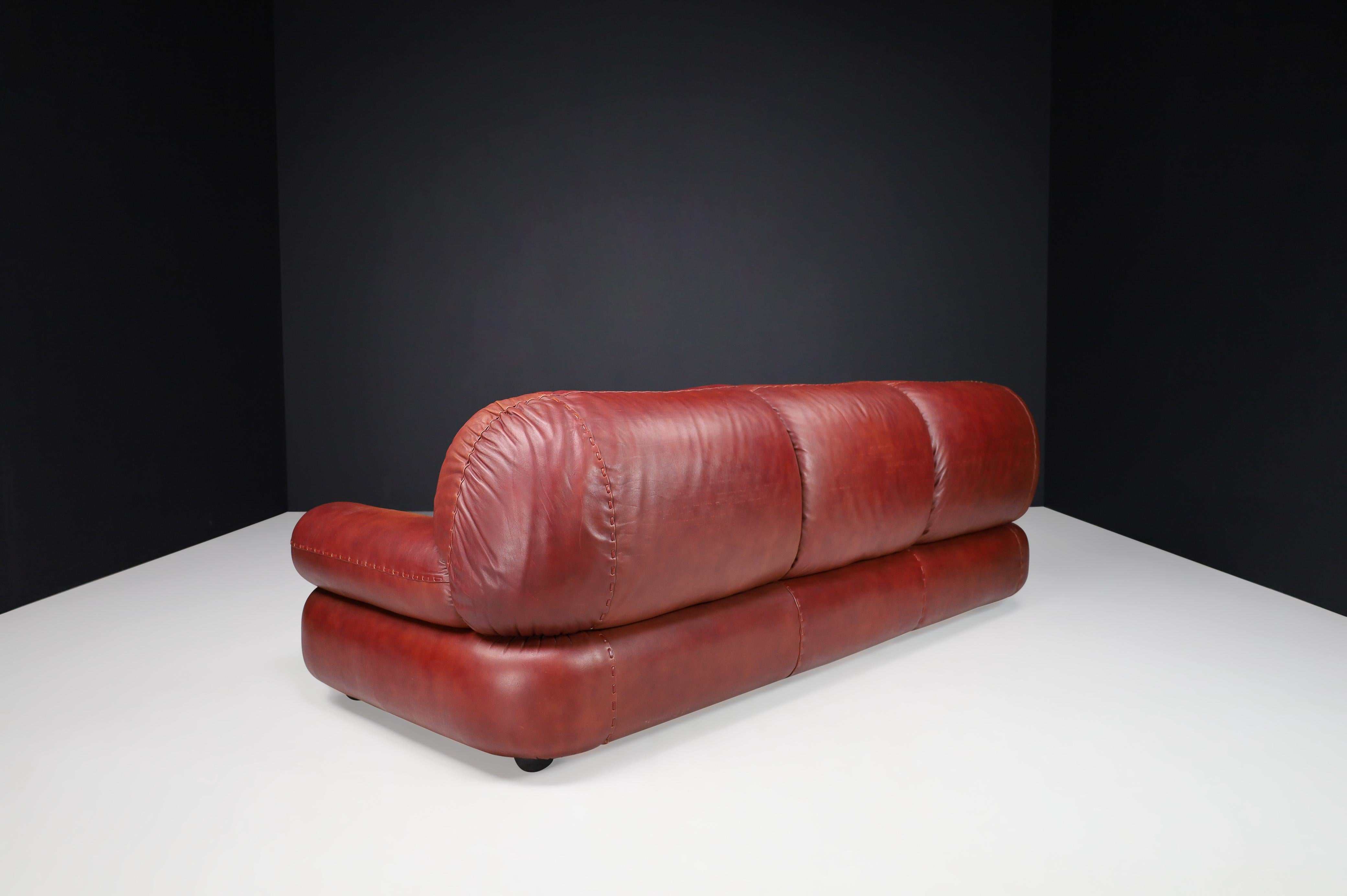 Large Lounge Sofa in Firebrick Leather by Sapporo for Mobil Girgi, Italy, 1970 In Good Condition For Sale In Almelo, NL
