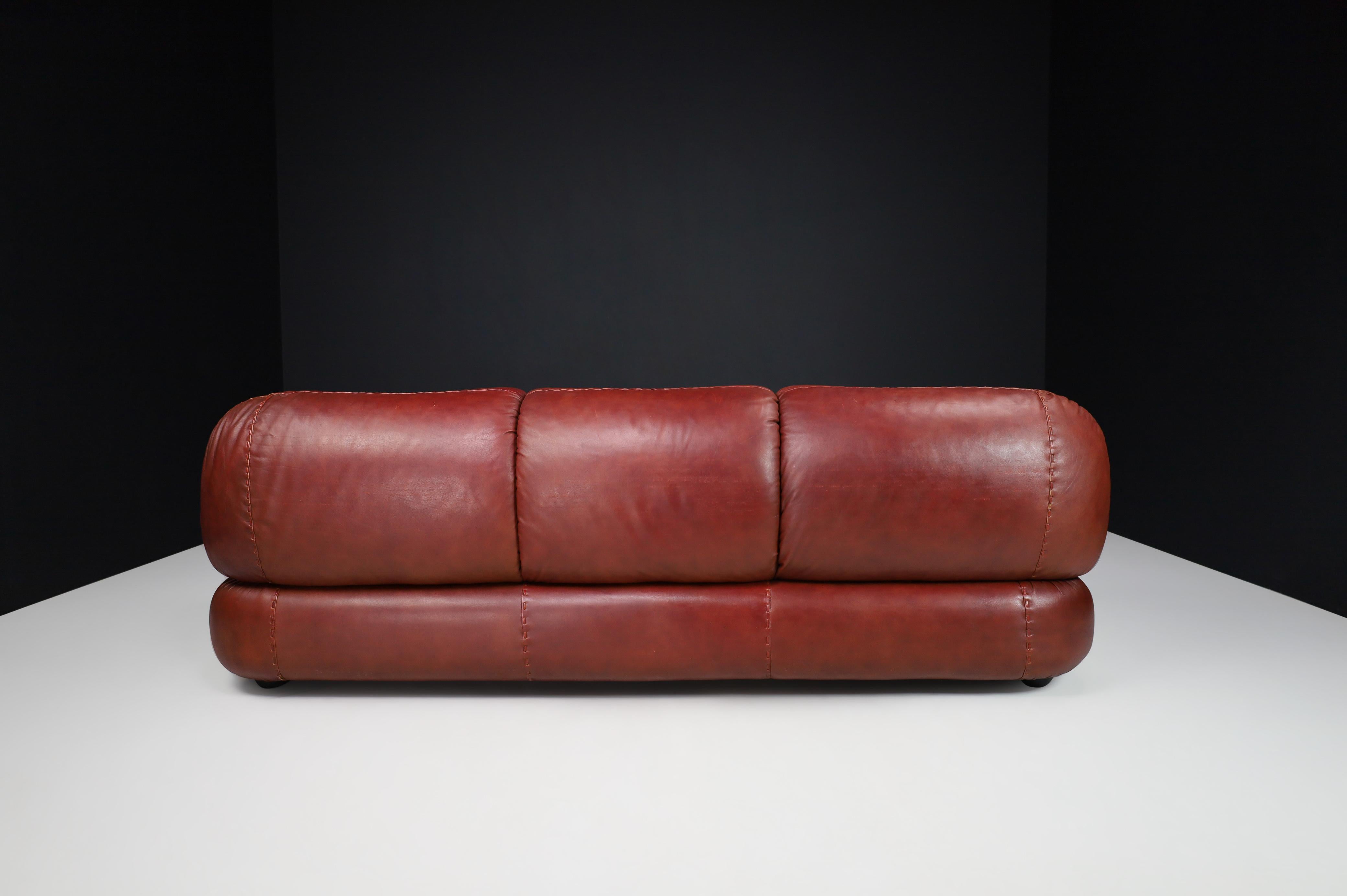 20th Century Large Lounge Sofa in Firebrick Leather by Sapporo for Mobil Girgi, Italy, 1970 For Sale
