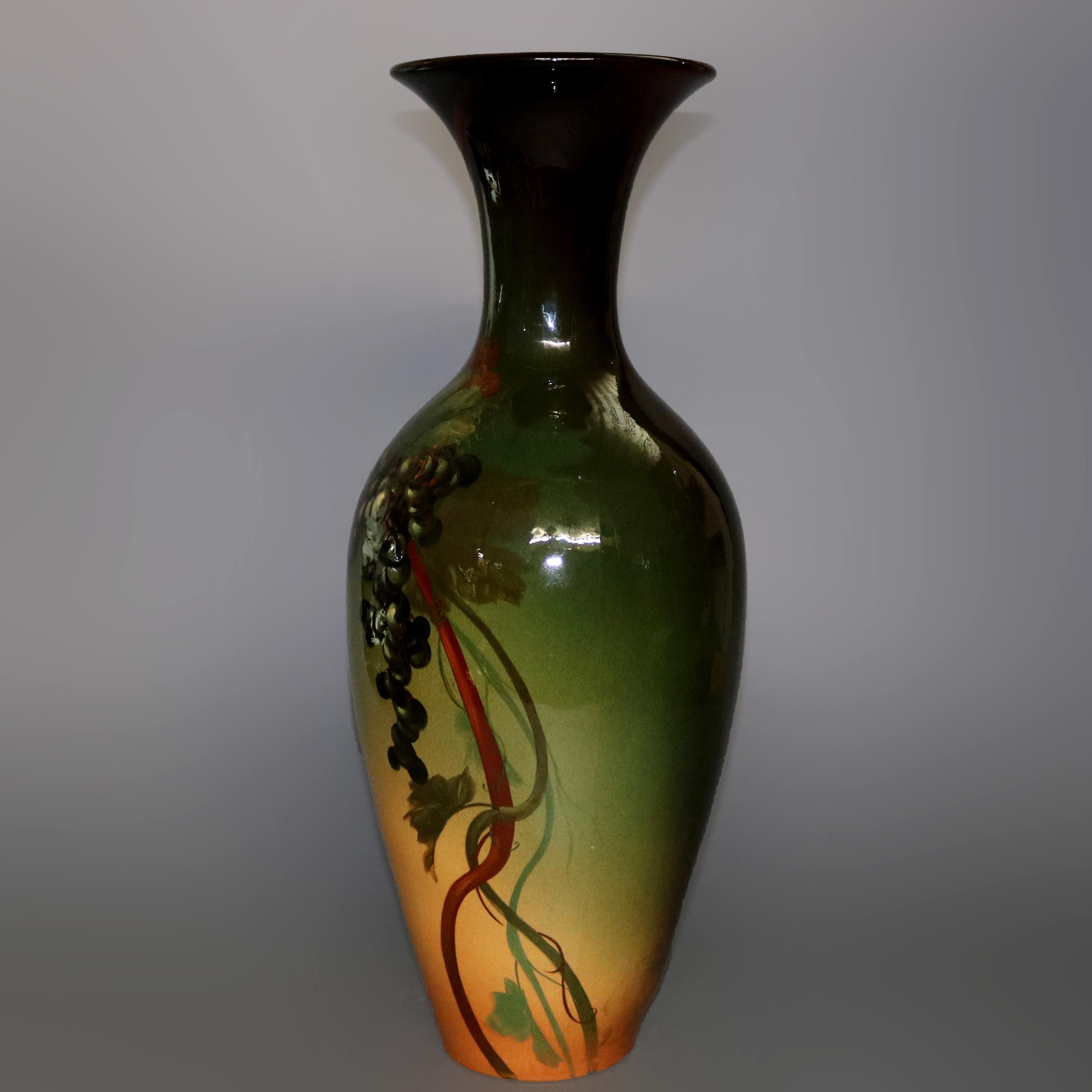 Arts and Crafts Large Louwelsa Weller Standard Glaze Art Pottery Grape & Vine Floor Vase