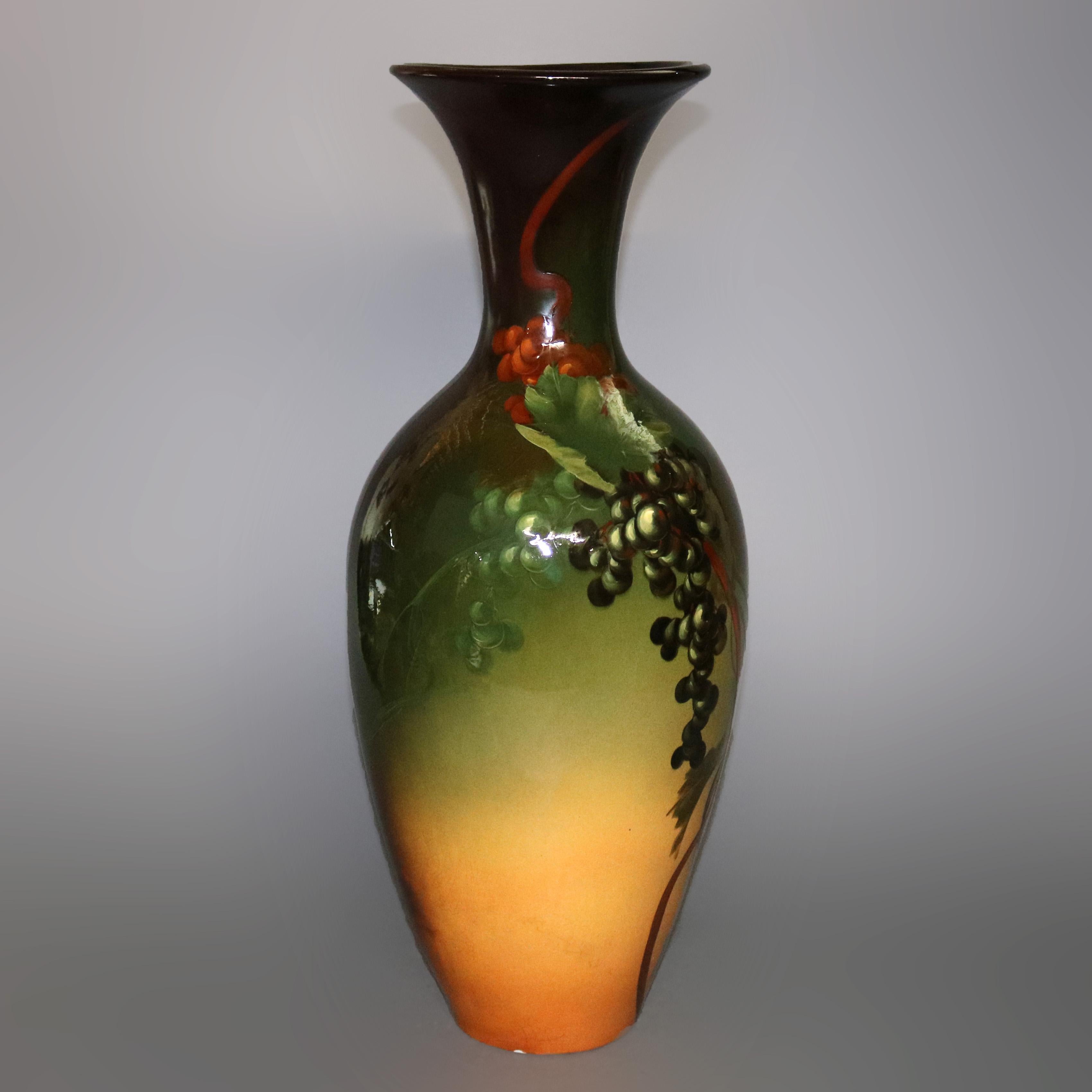 Large Louwelsa Weller Standard Glaze Art Pottery Grape & Vine Floor Vase In Good Condition In Big Flats, NY