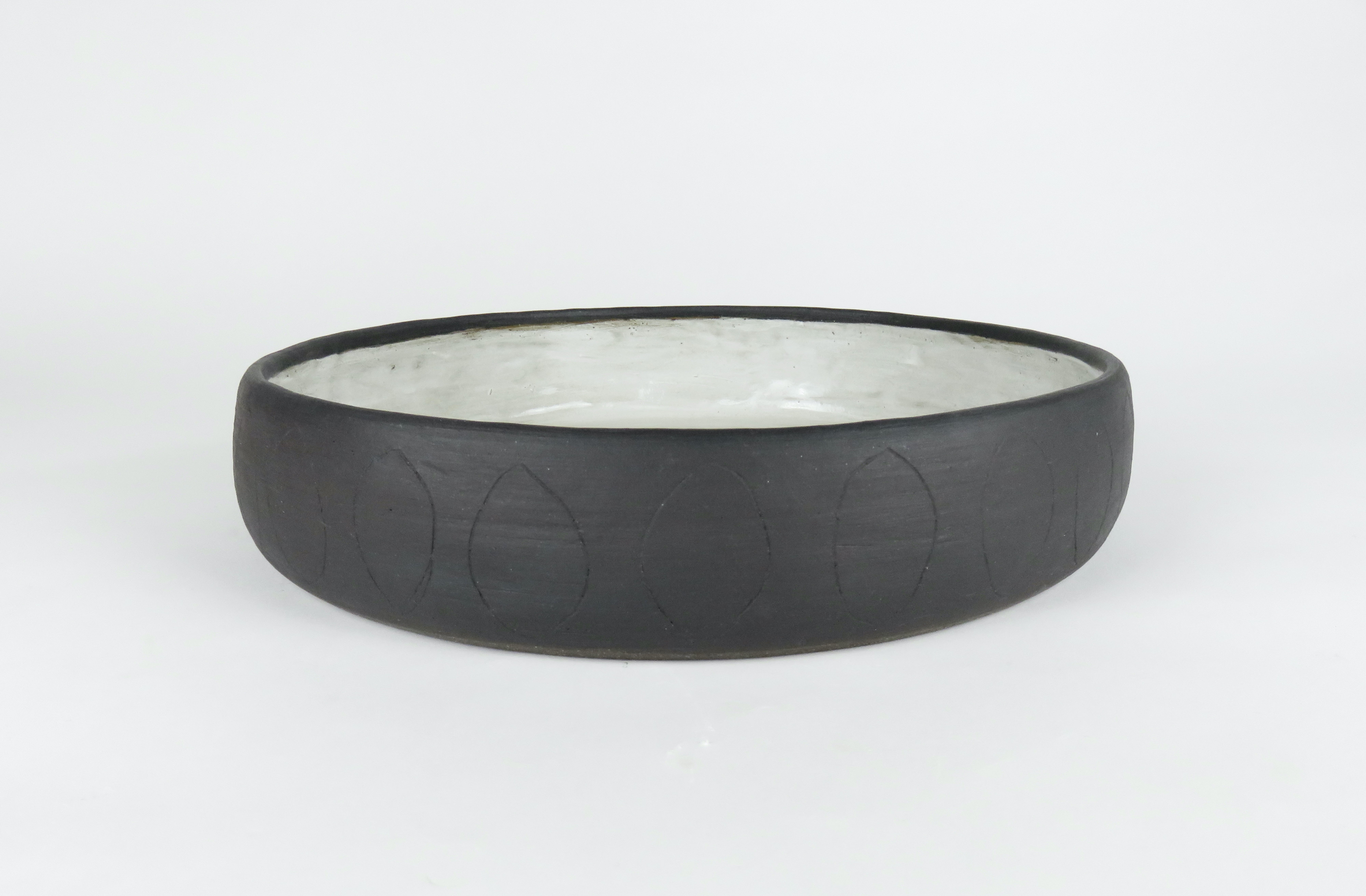Large Low Ceramic Serving Bowl, Carved Brown Clay with White Glaze, Hand Built For Sale