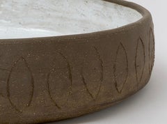 Large Ceramic Serving Bowl, Carved Brown Clay with White Glaze, Hand Built