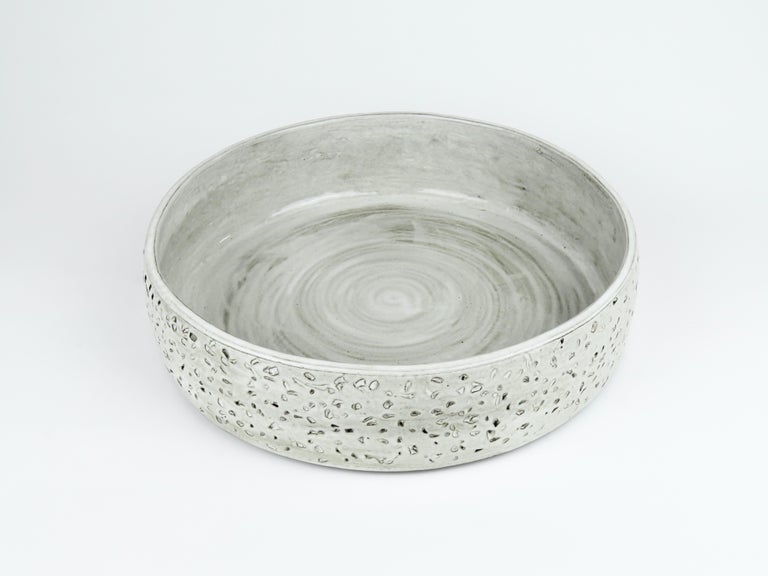 Hand-Carved Large Low Serving Bowl, Carved Exterior In Off-White Glaze, Hand Built Ceramic For Sale