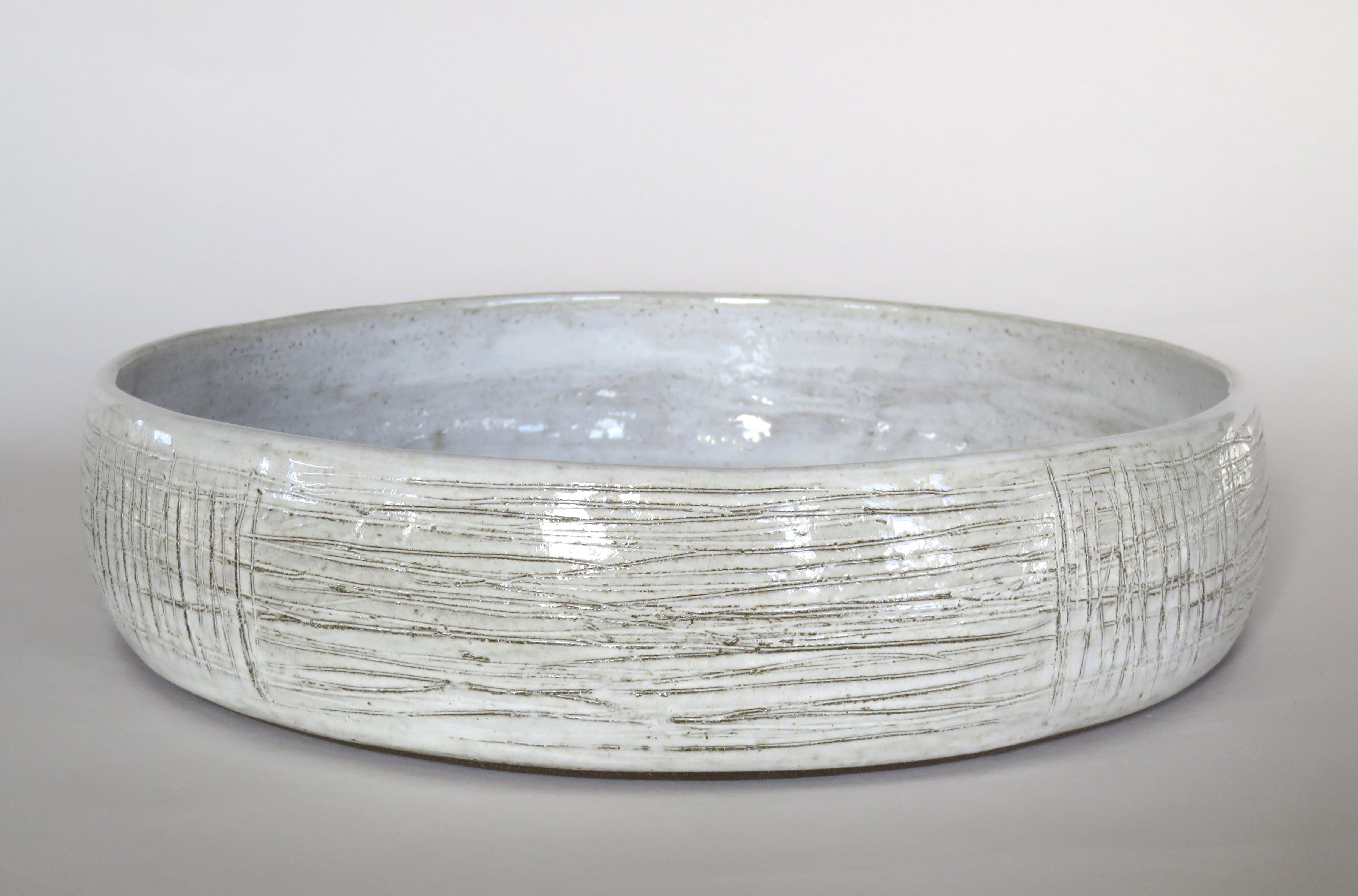 Large Low Serving Bowl, Carved Exterior with White Glaze, Hand Built Ceramic 3