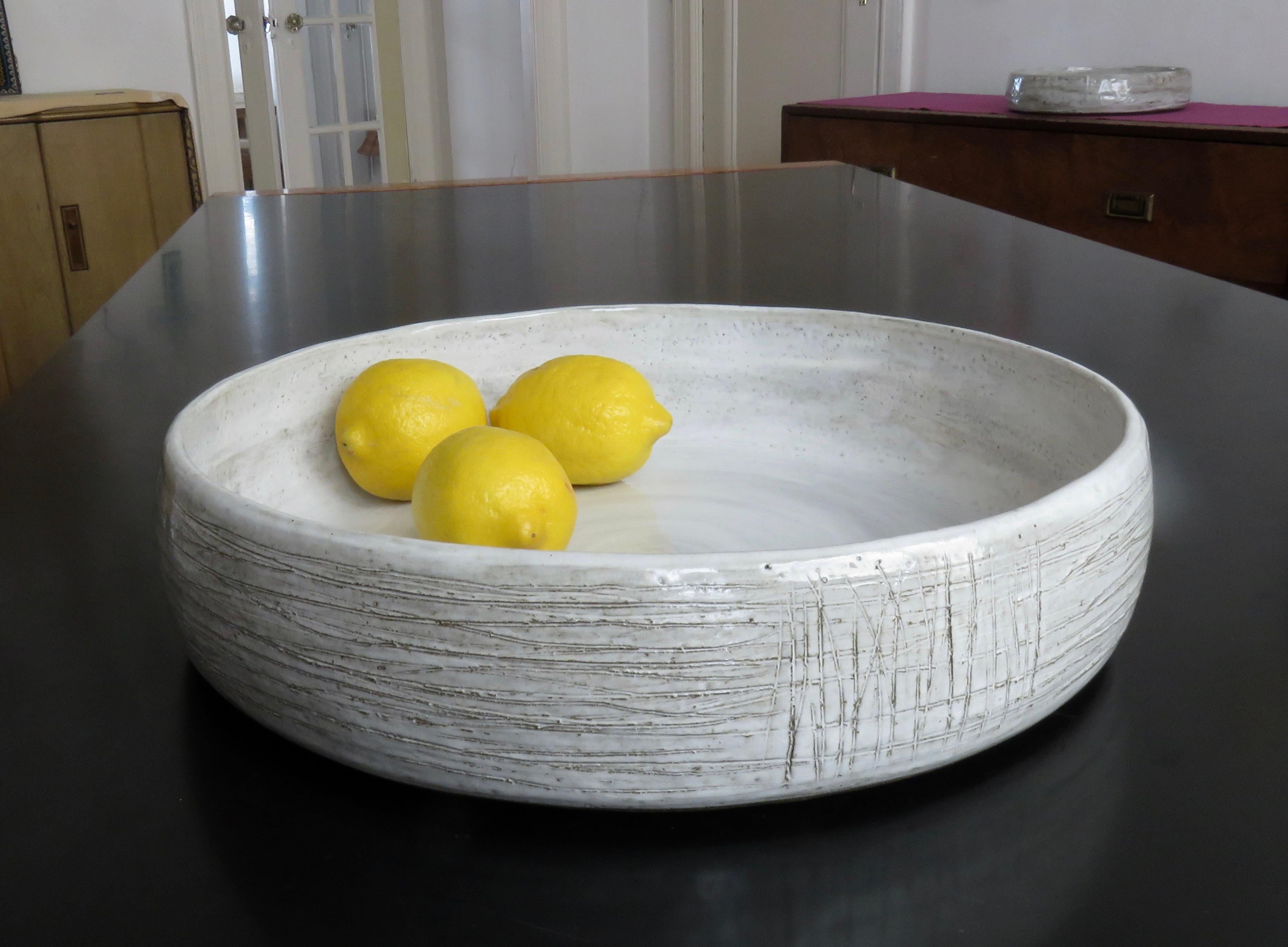 Large Low Serving Bowl, Carved Exterior with White Glaze, Hand Built Ceramic 5