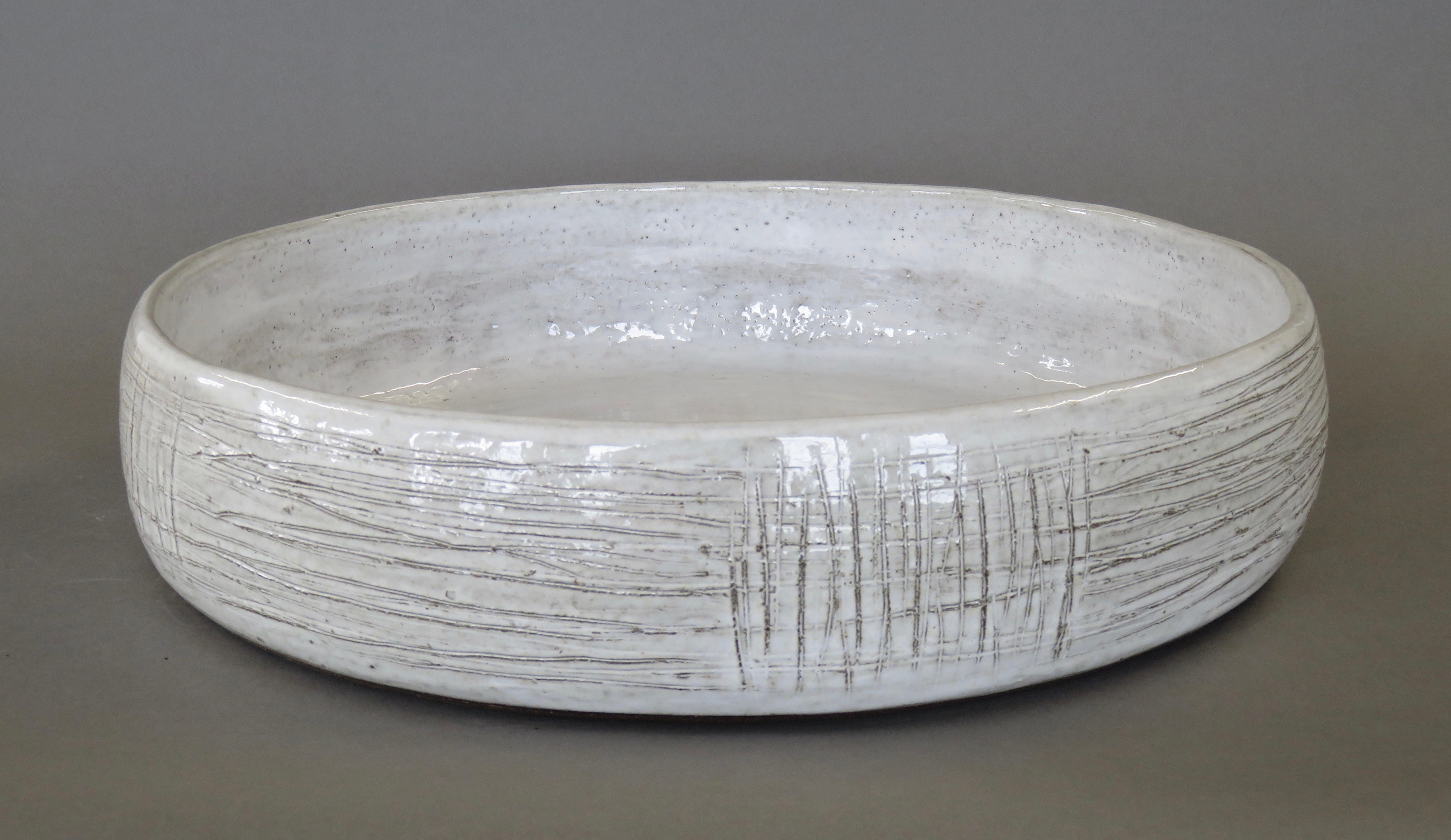 Mid-Century Modern Large Low Serving Bowl, Carved Exterior with White Glaze, Hand Built Ceramic