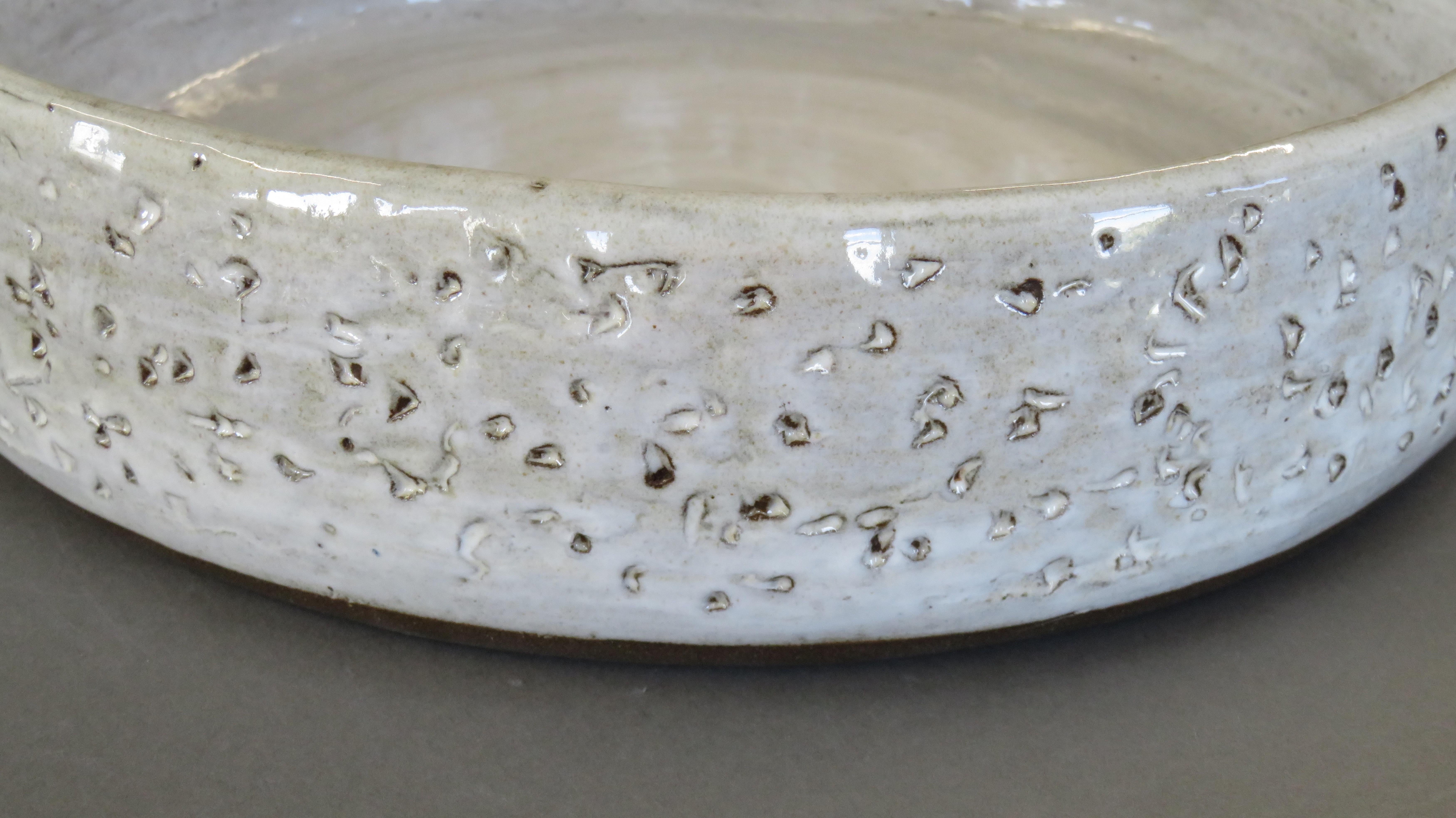 Organic Modern Large Low Serving Bowl, Carved Exterior with White Glaze, Hand Built Ceramic