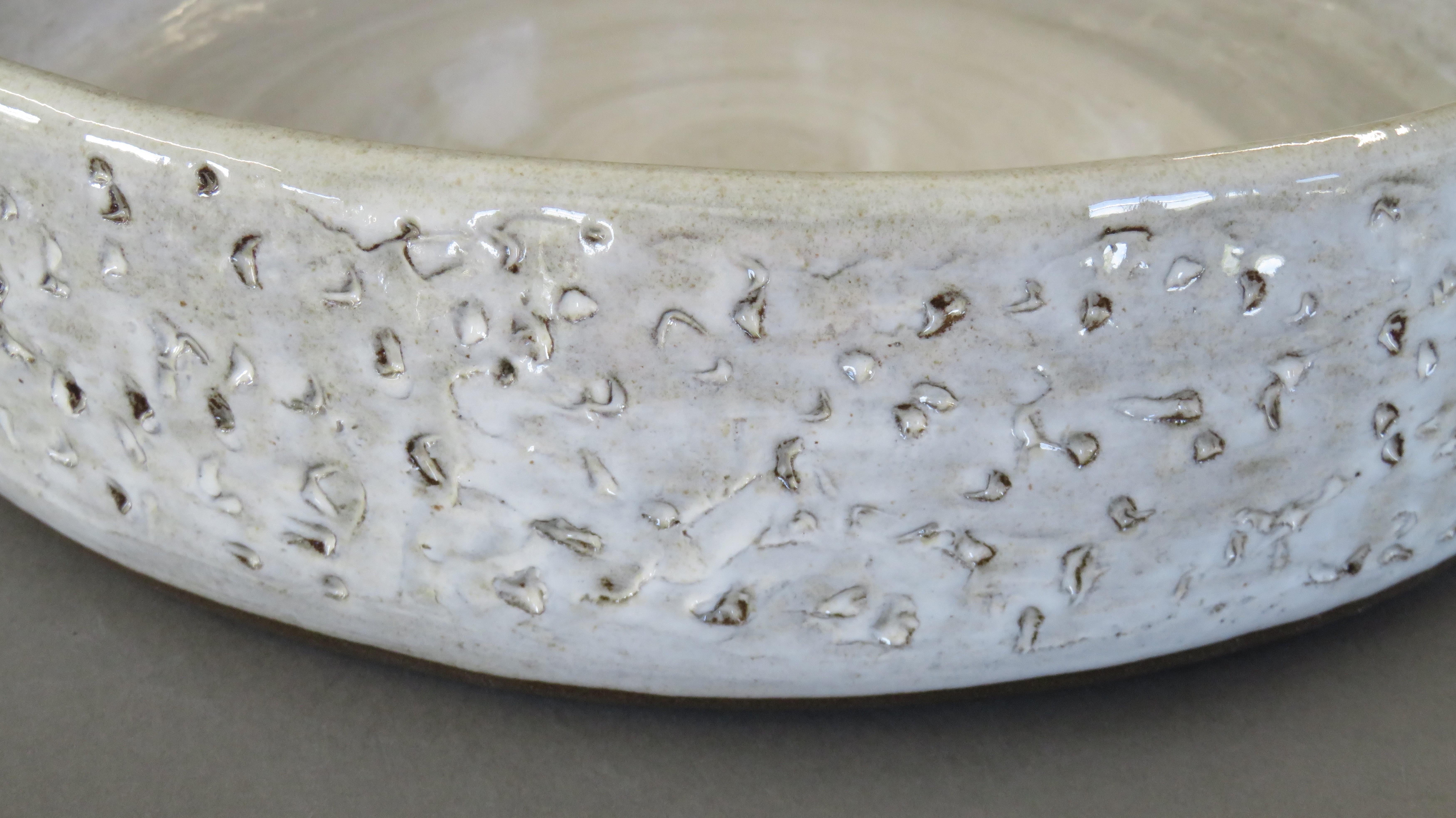 American Large Low Serving Bowl, Carved Exterior with White Glaze, Hand Built Ceramic