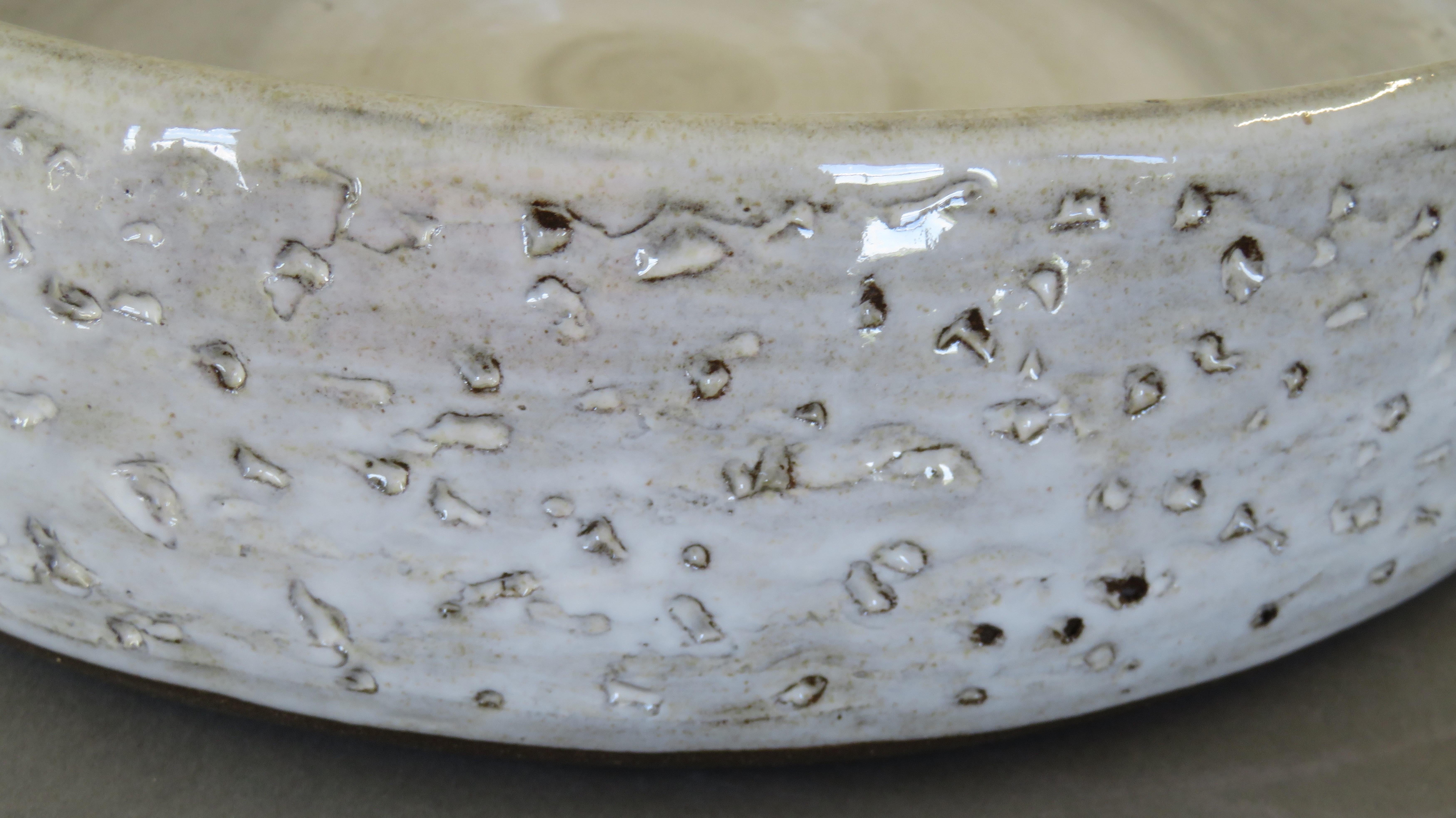 Hand-Carved Large Low Serving Bowl, Carved Exterior with White Glaze, Hand Built Ceramic