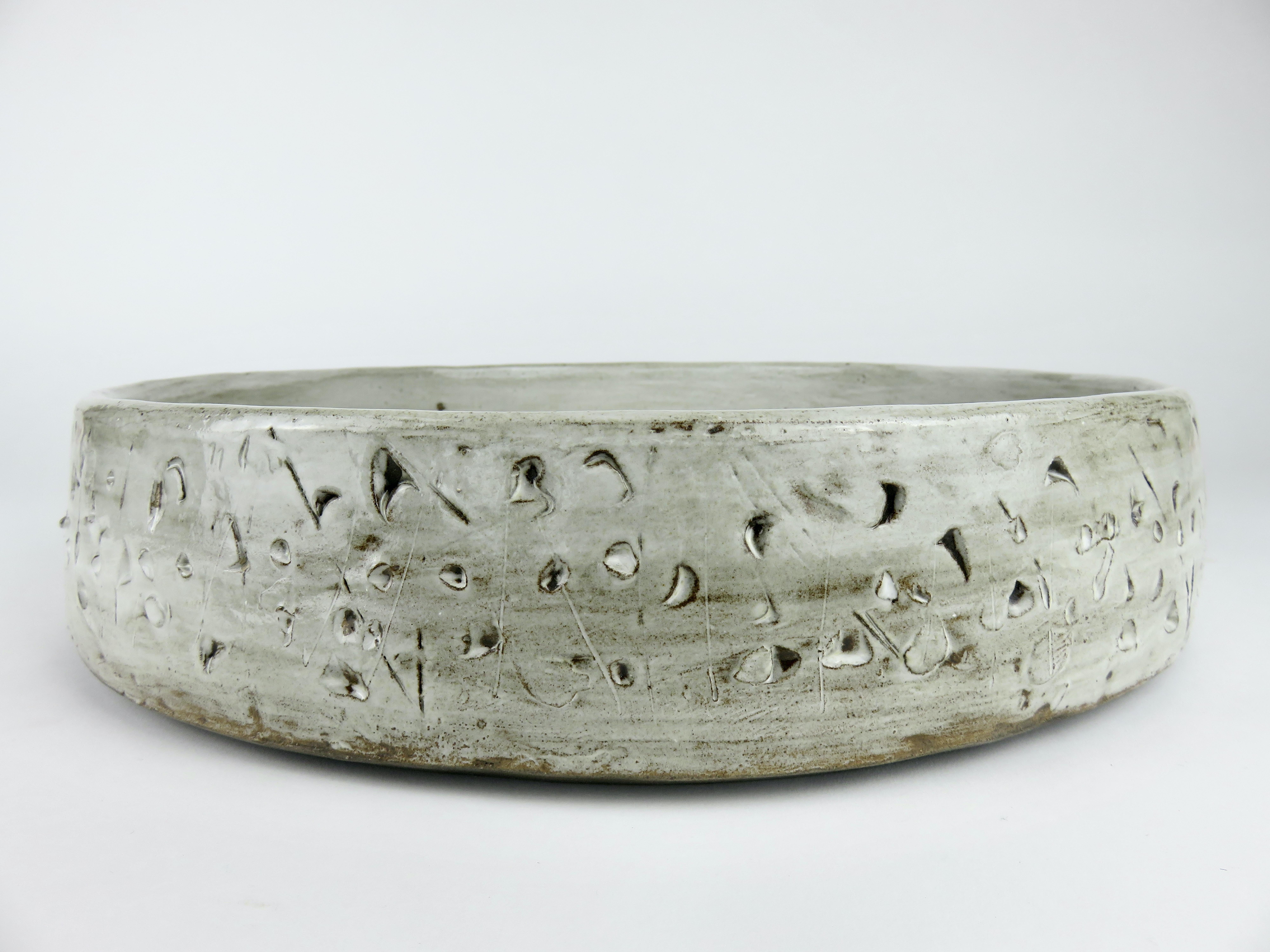 Hand-Carved Large Low Serving Bowl, Carved Exterior In Off-White Glaze, Hand Built Ceramic