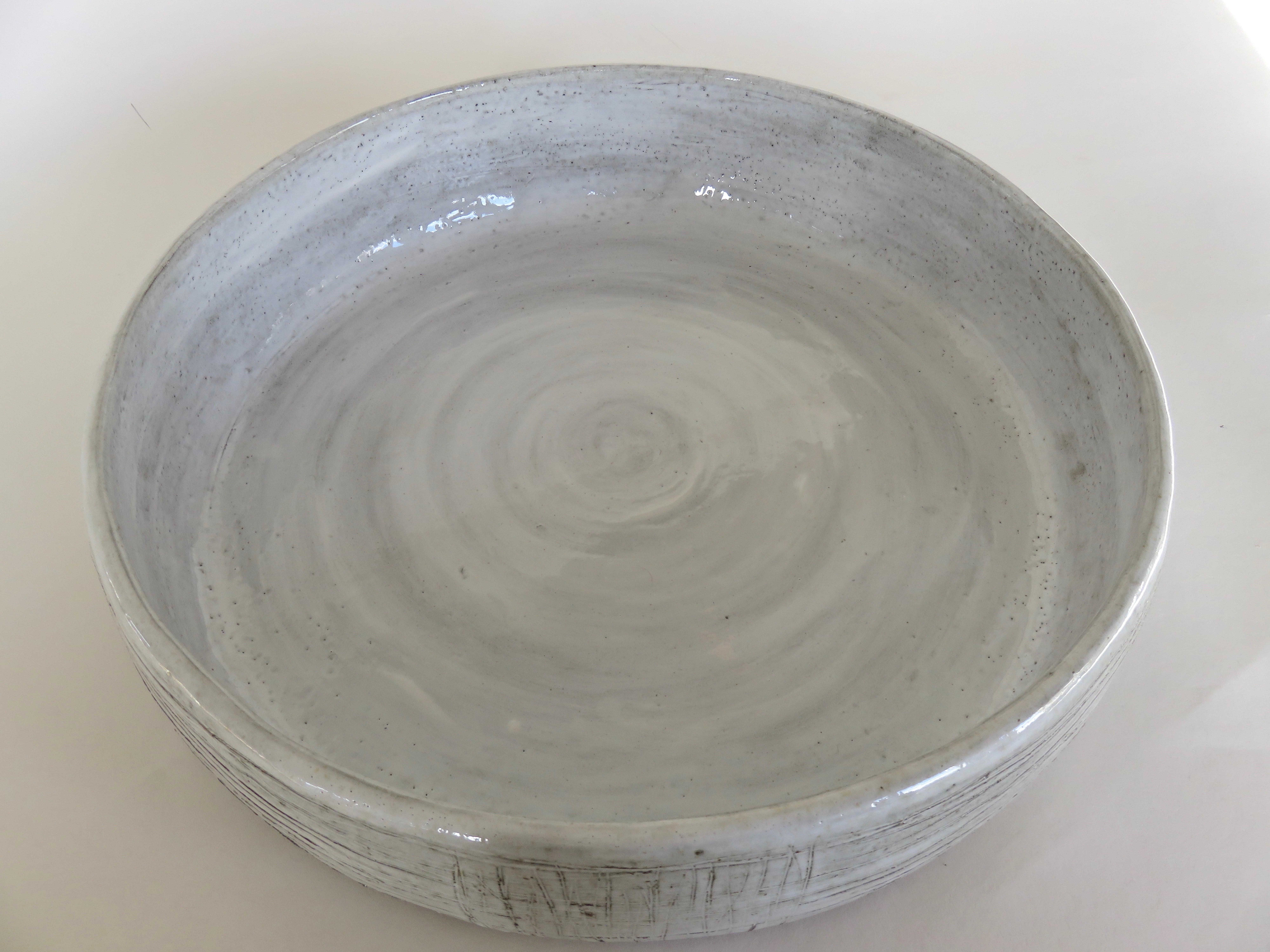Contemporary Large Low Serving Bowl, Carved Exterior with White Glaze, Hand Built Ceramic