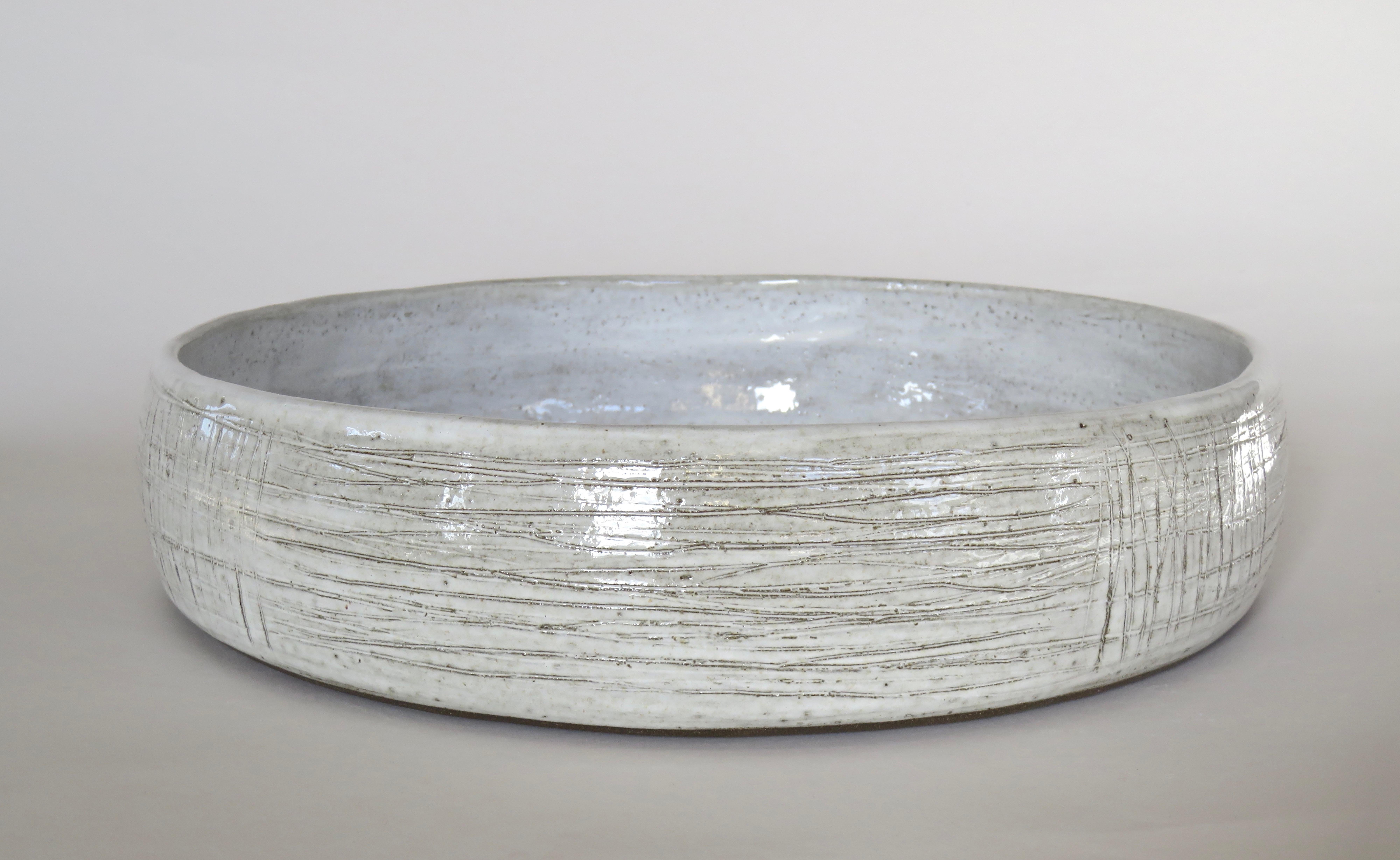 Large Low Serving Bowl, Carved Exterior with White Glaze, Hand Built Ceramic 1