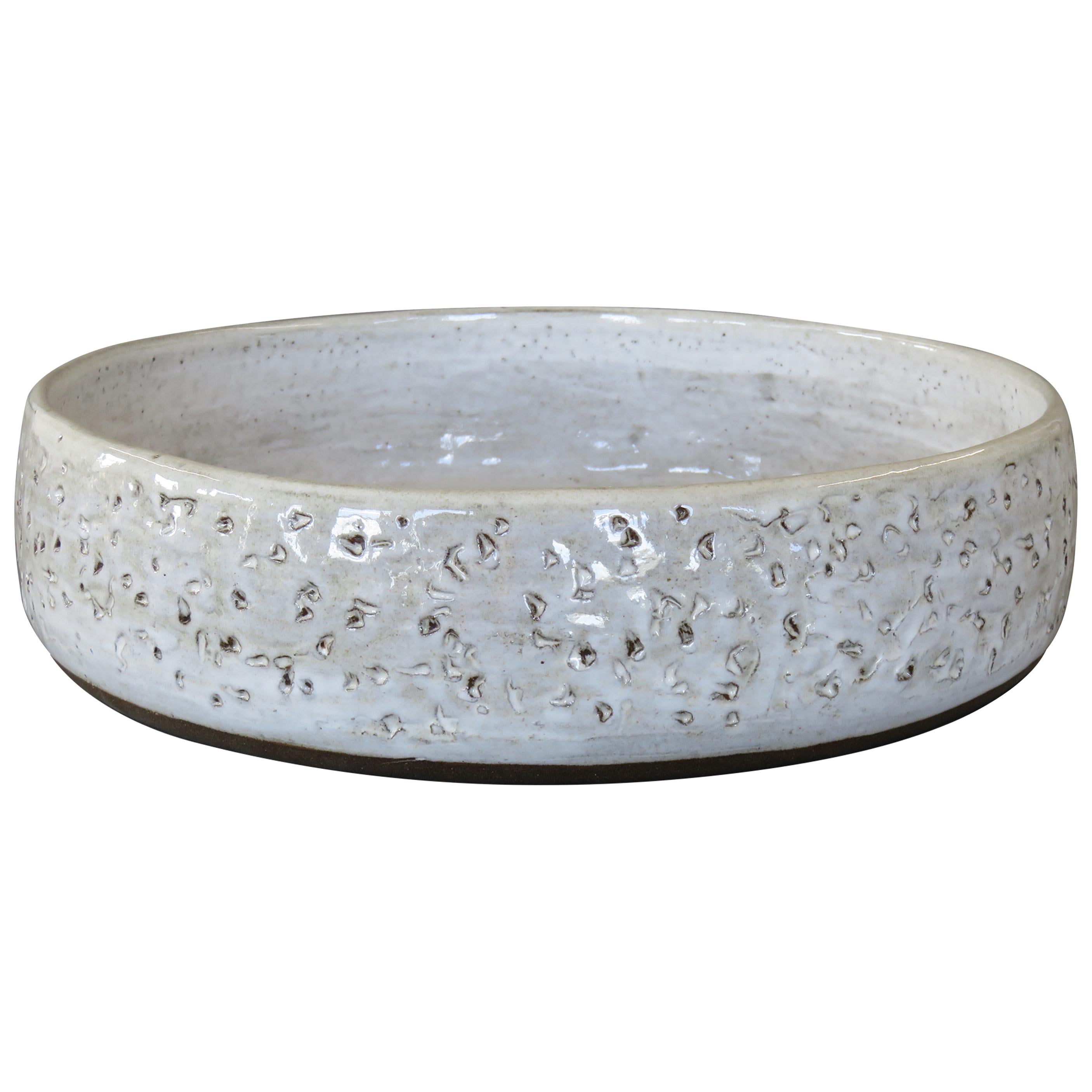 Large Low Serving Bowl, Carved Exterior with White Glaze, Hand Built Ceramic