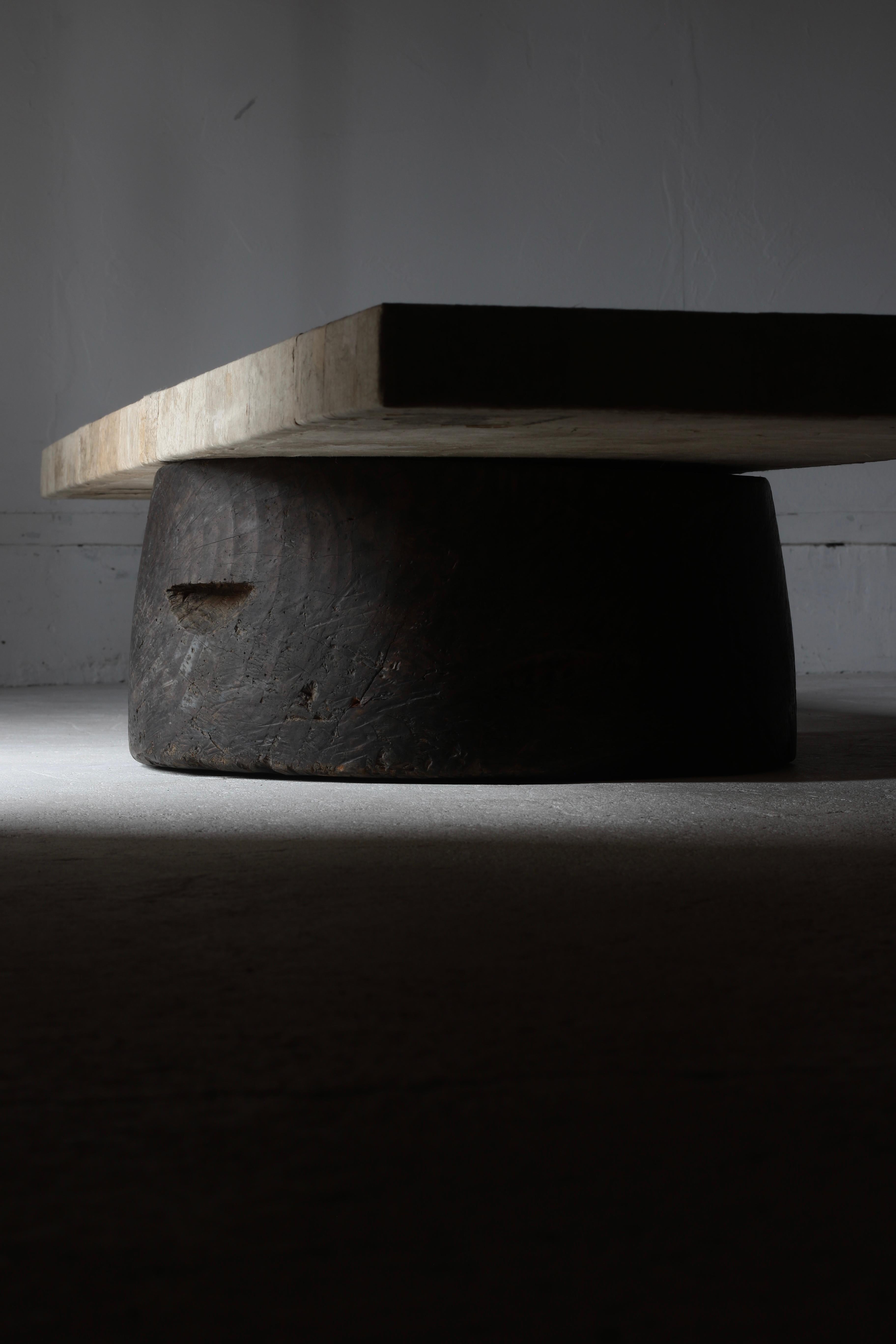 Woodwork Large Low Table with Japanese Antique Paper Pasted / Coffee Table / Wabi-Sabi