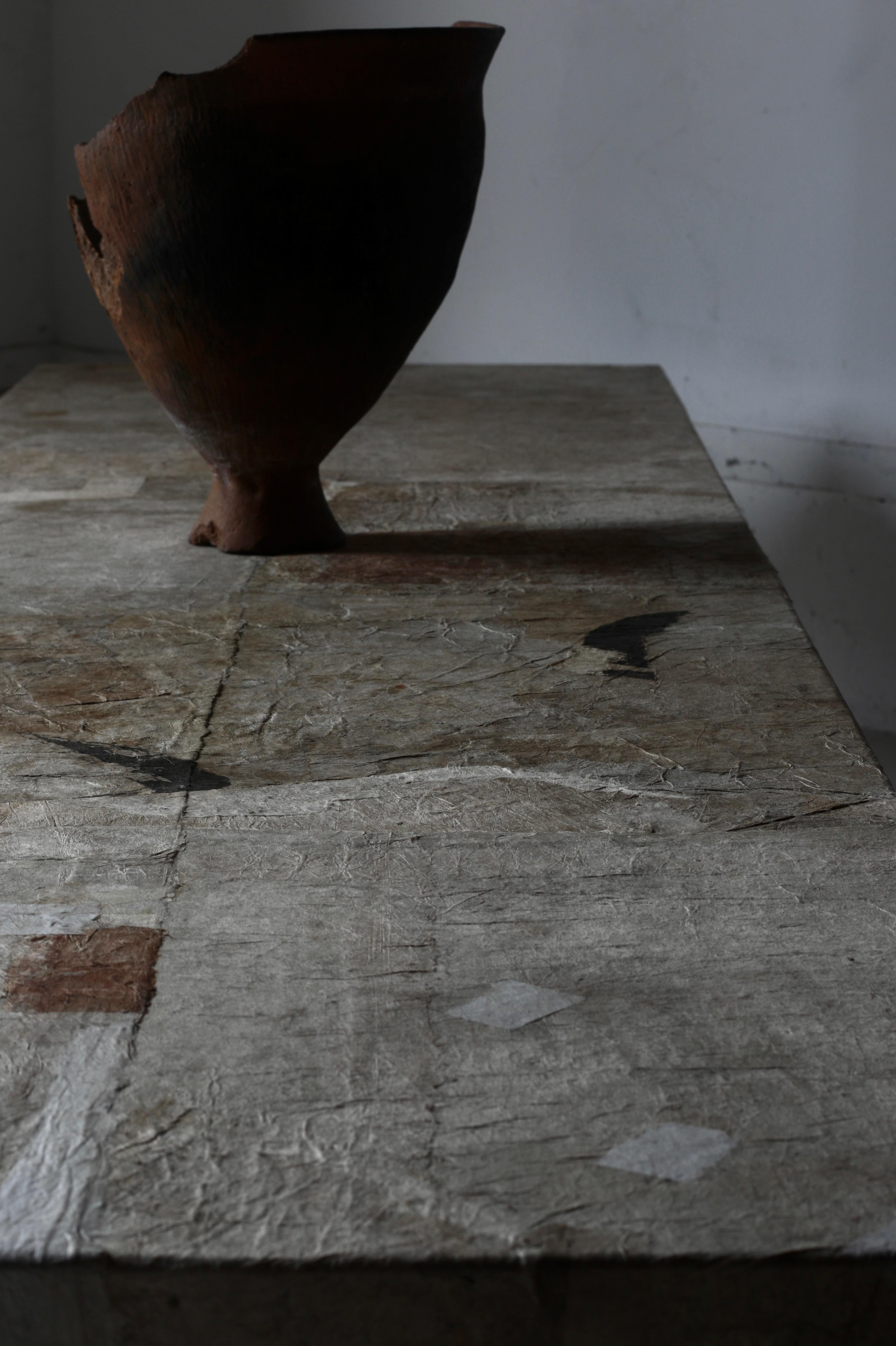 Wood Large Low Table with Japanese Antique Paper Pasted / Coffee Table / Wabi-Sabi
