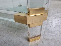 Large Lucite and Brass Coffee Table, 1970s