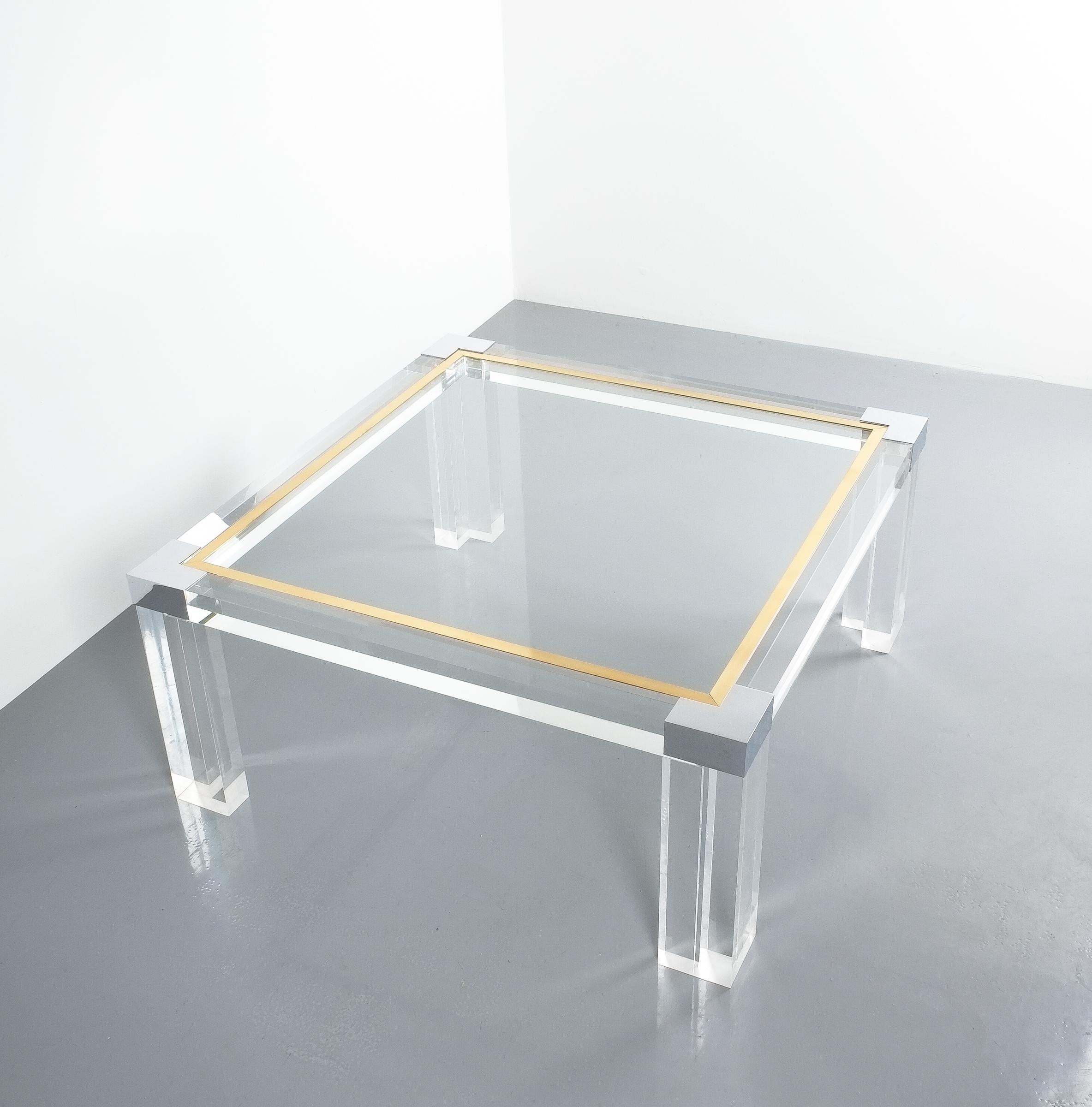 Hollywood Regency Large Lucite and Brass Coffee Table Style Charles Hollis Jones