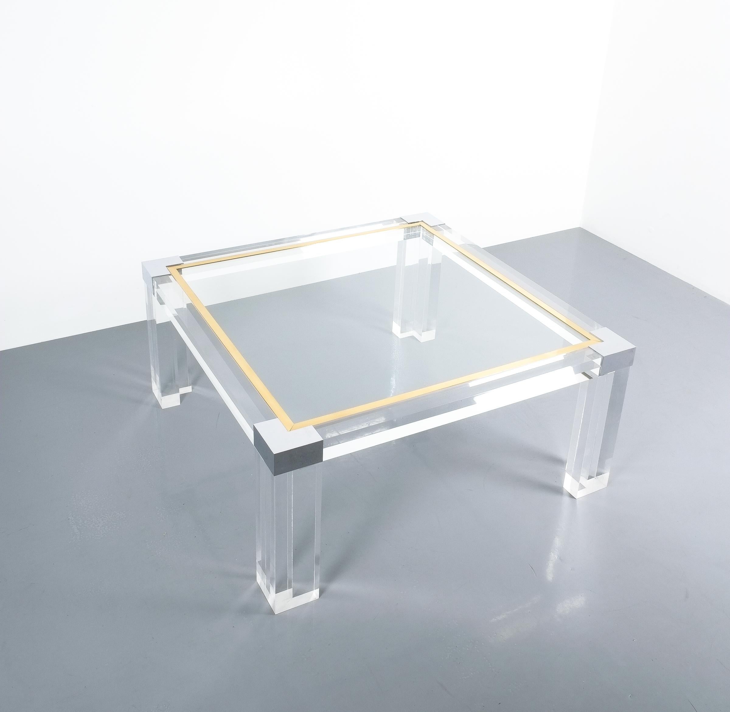 German Large Lucite and Brass Coffee Table Style Charles Hollis Jones