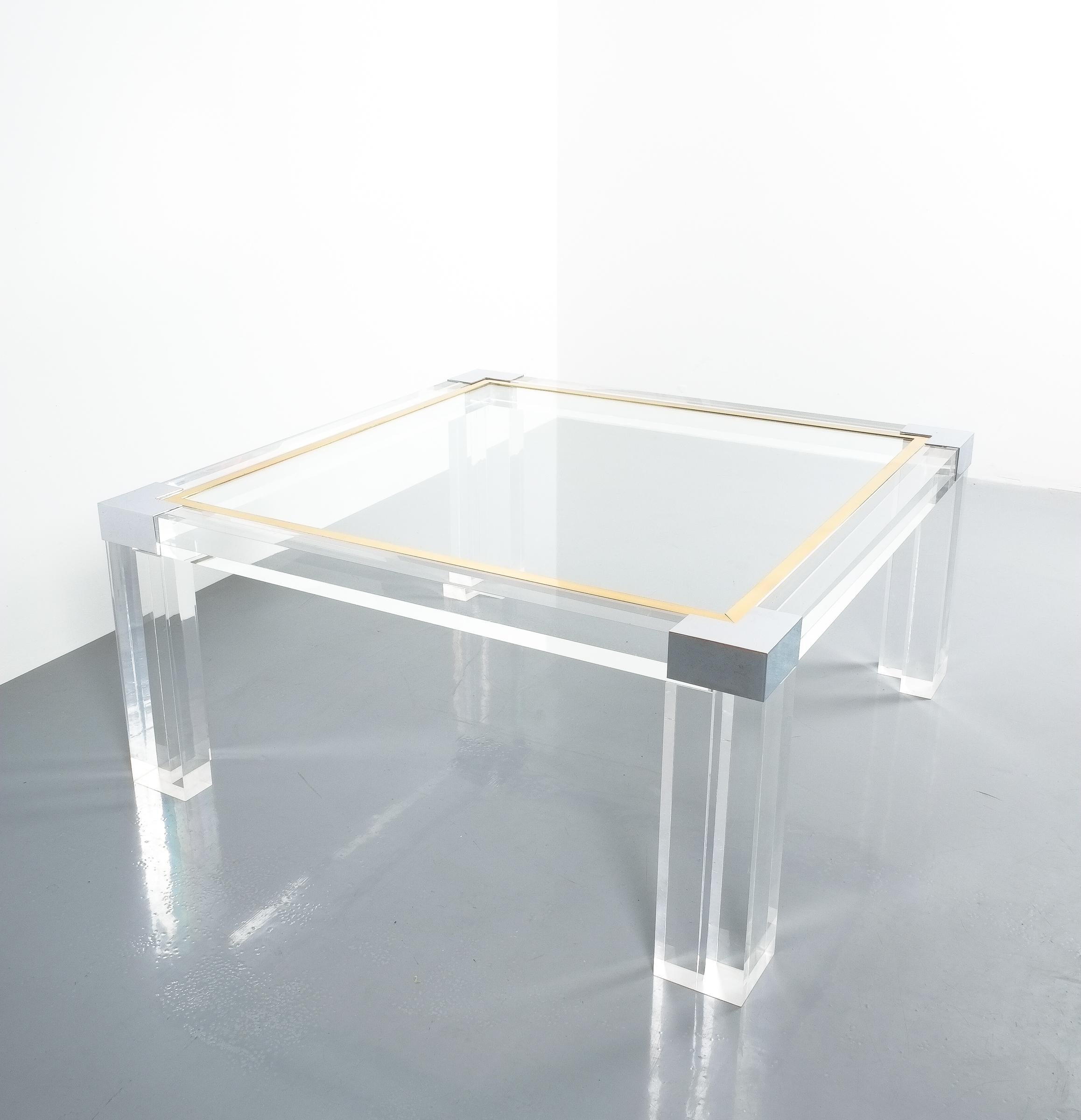 Polished Large Lucite and Brass Coffee Table Style Charles Hollis Jones