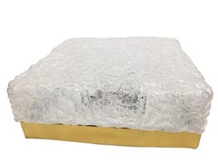 Large Lucite and Brass Ice Block Flush Mount Ceiling Light Fixture, 1980s