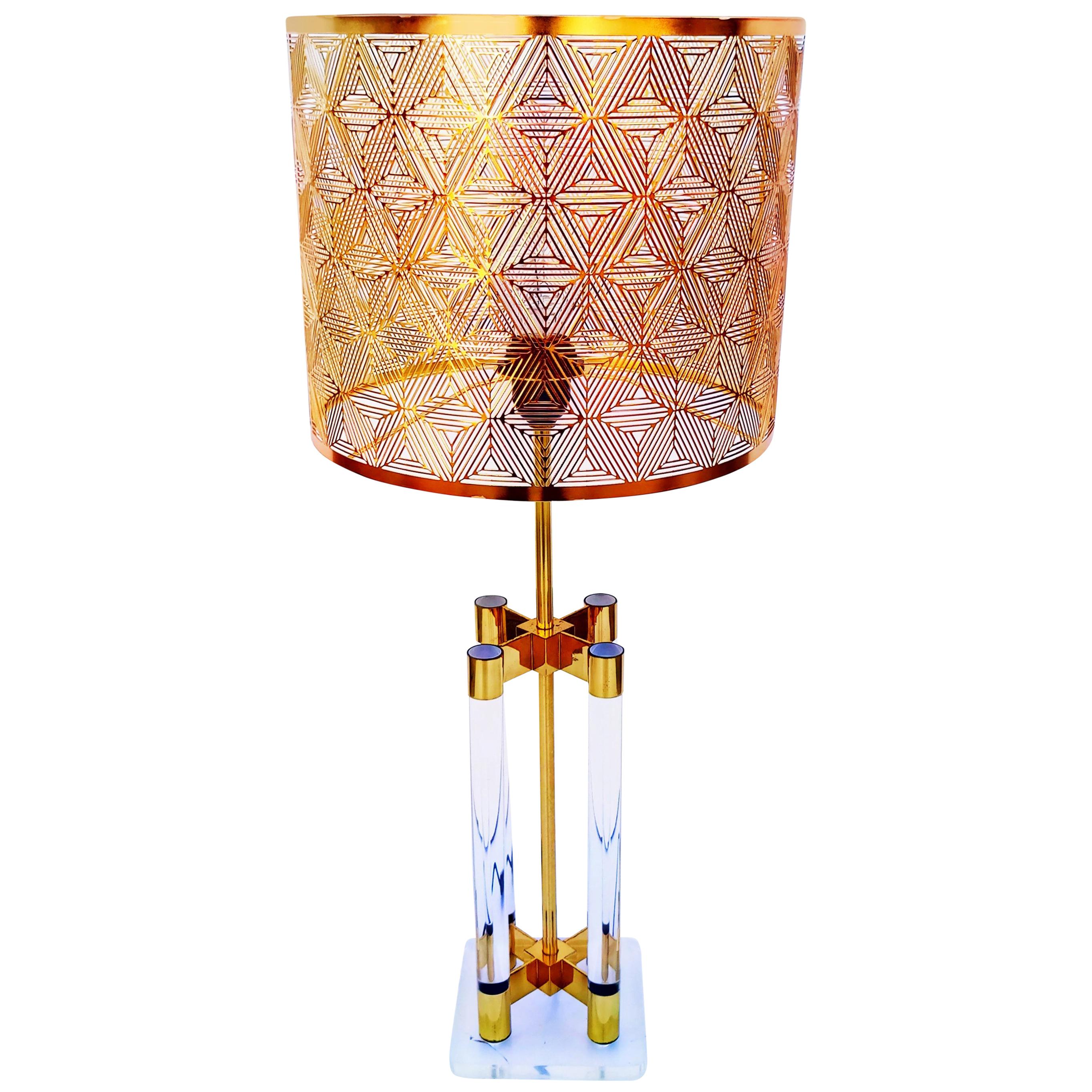 Large Lucite and Brass Table Lamp, Italy, 1970s For Sale