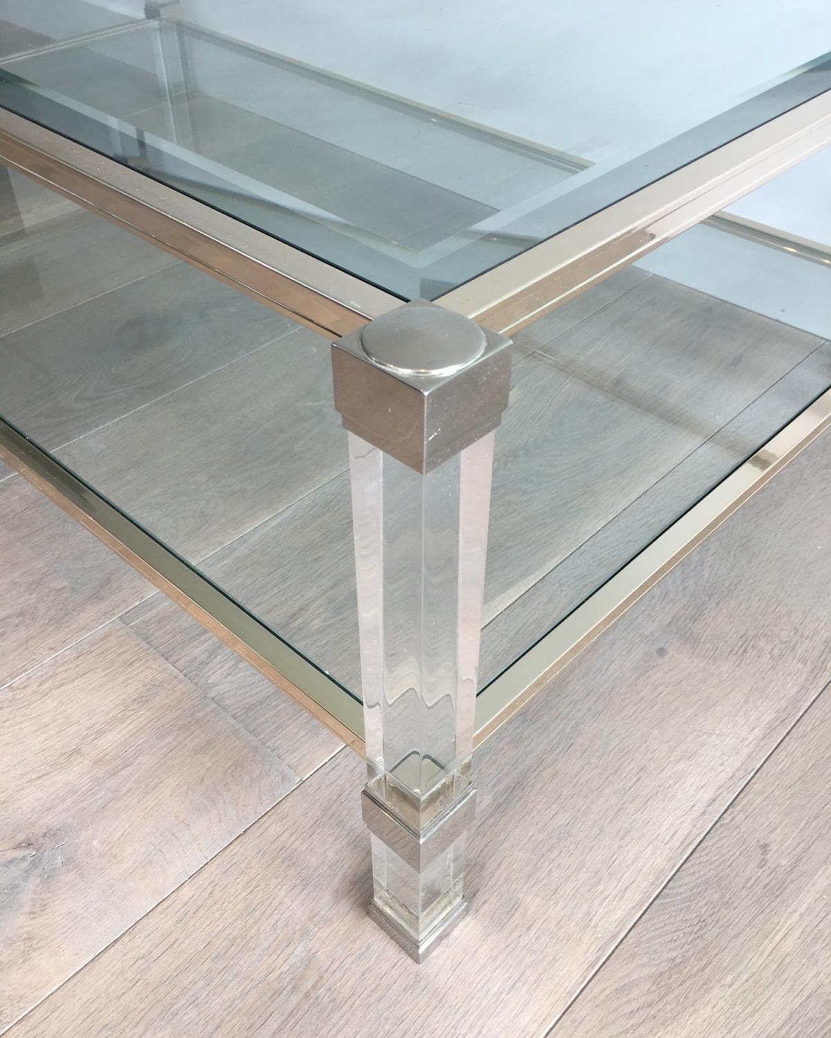 Large Lucite and Chrome Coffee Table, French by Pierre Vandel, circa 1970 In Fair Condition For Sale In Marcq-en-Barœul, Hauts-de-France