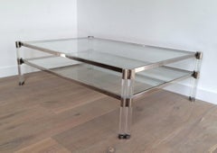 Large Lucite and Chrome Coffee Table with 2 Glass Shelves