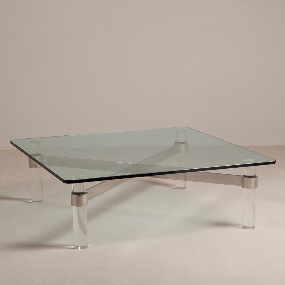 American Large Lucite and Chromium Steel Based Coffee Table, 1970s
