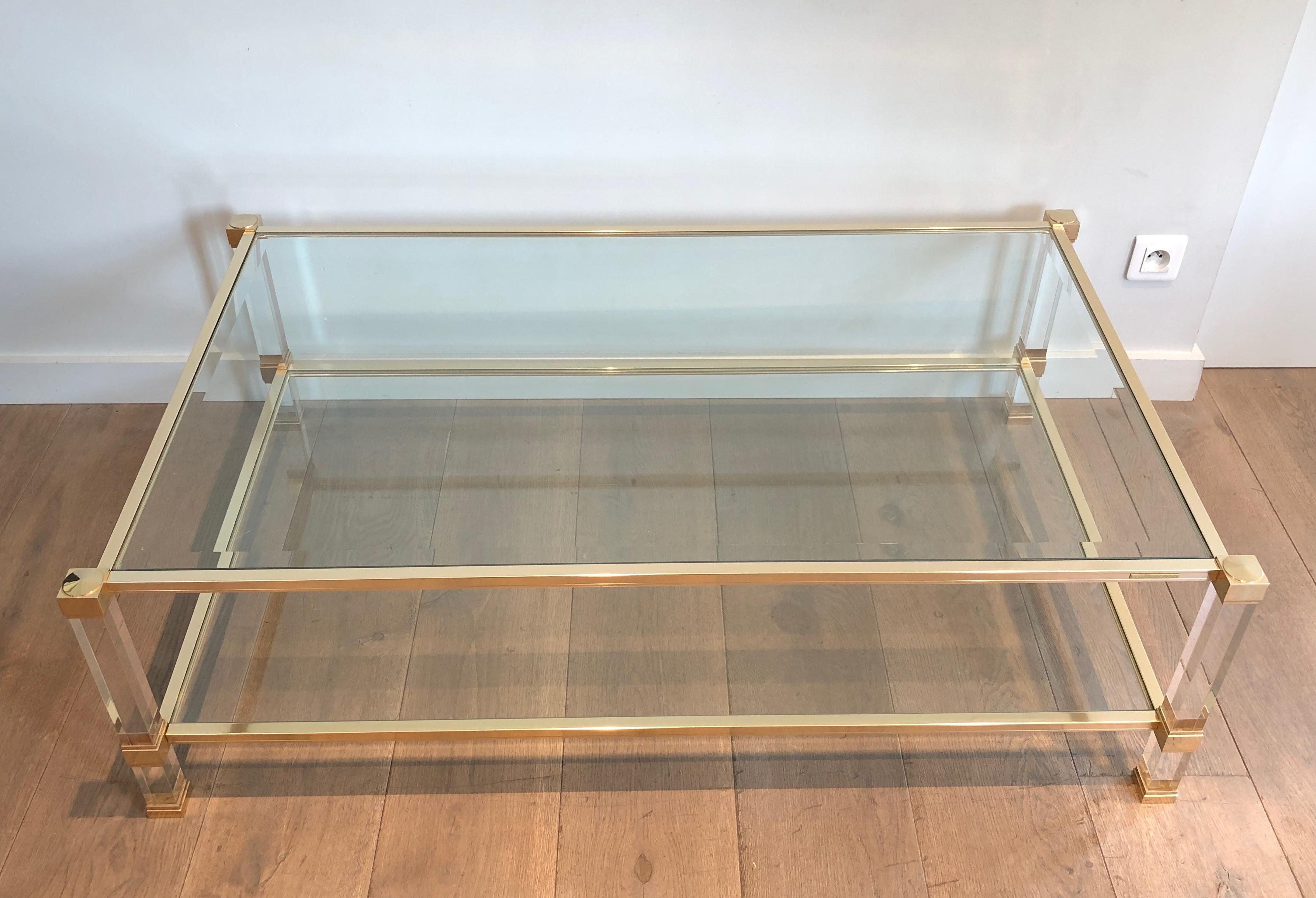 Large Lucite and Gilt Metal Coffee Table by Pierre Vandel 7