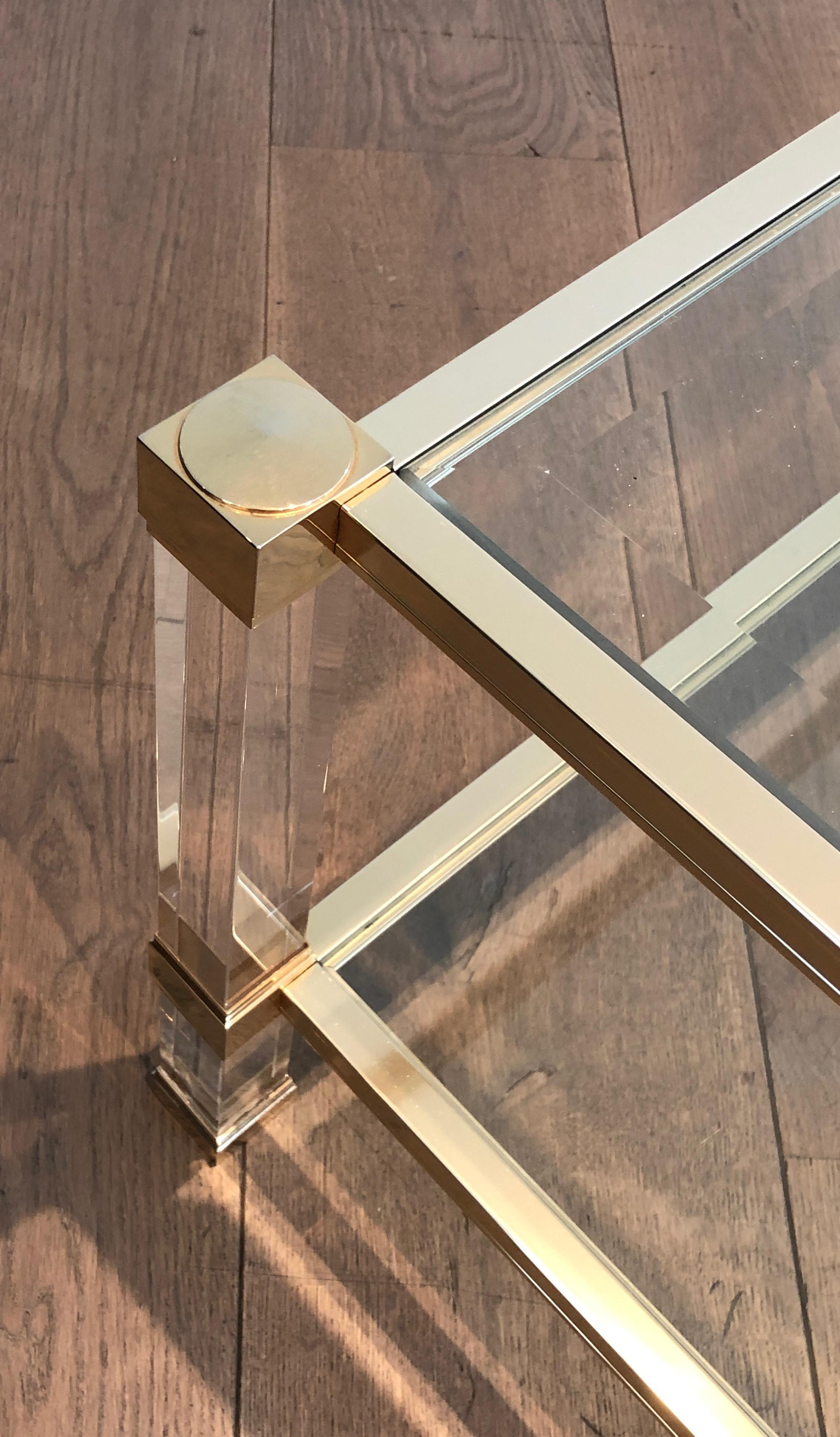 Large Lucite and Gilt Metal Coffee Table by Pierre Vandel 9