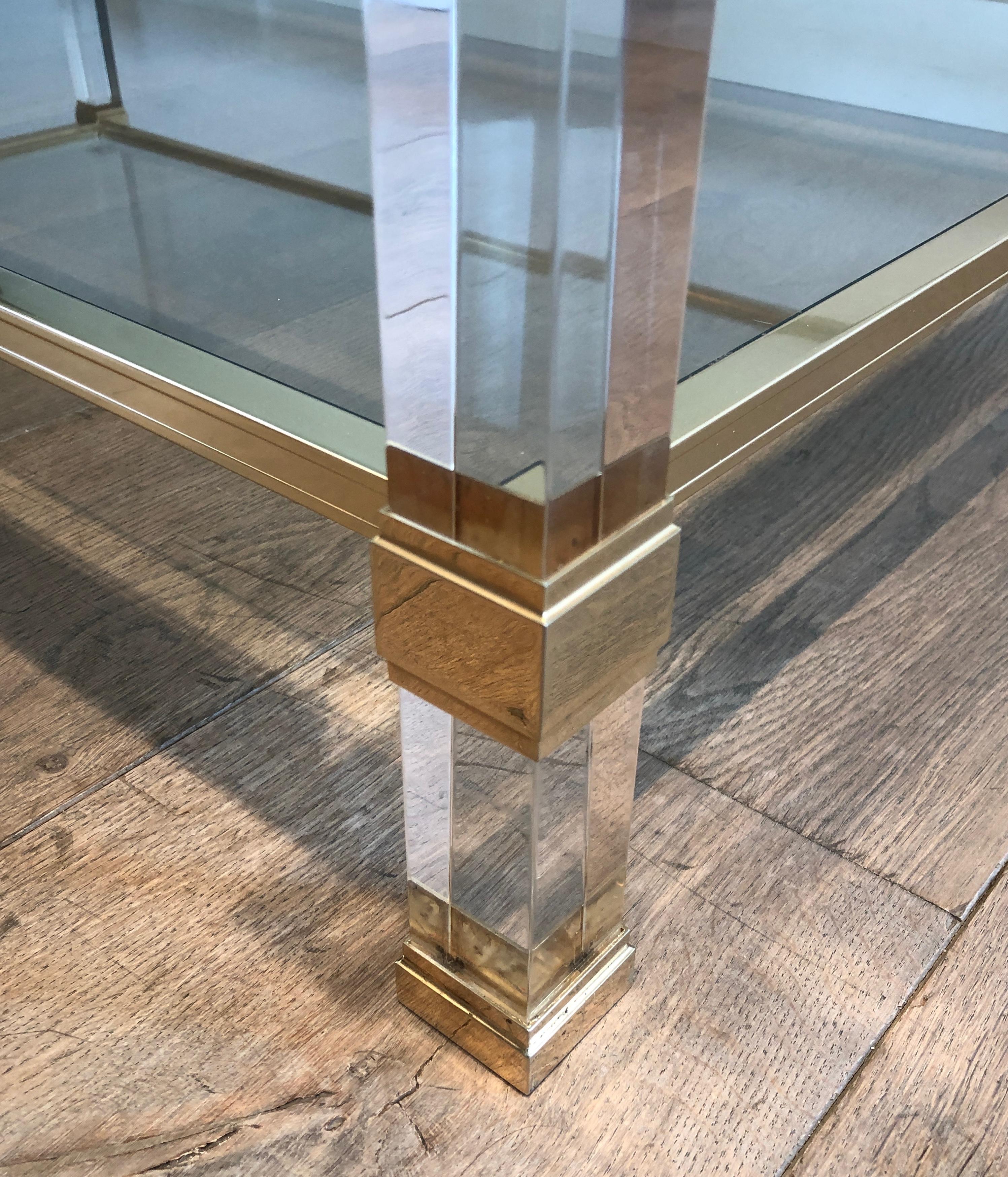 Large Lucite and Gilt Metal Coffee Table by Pierre Vandel 12