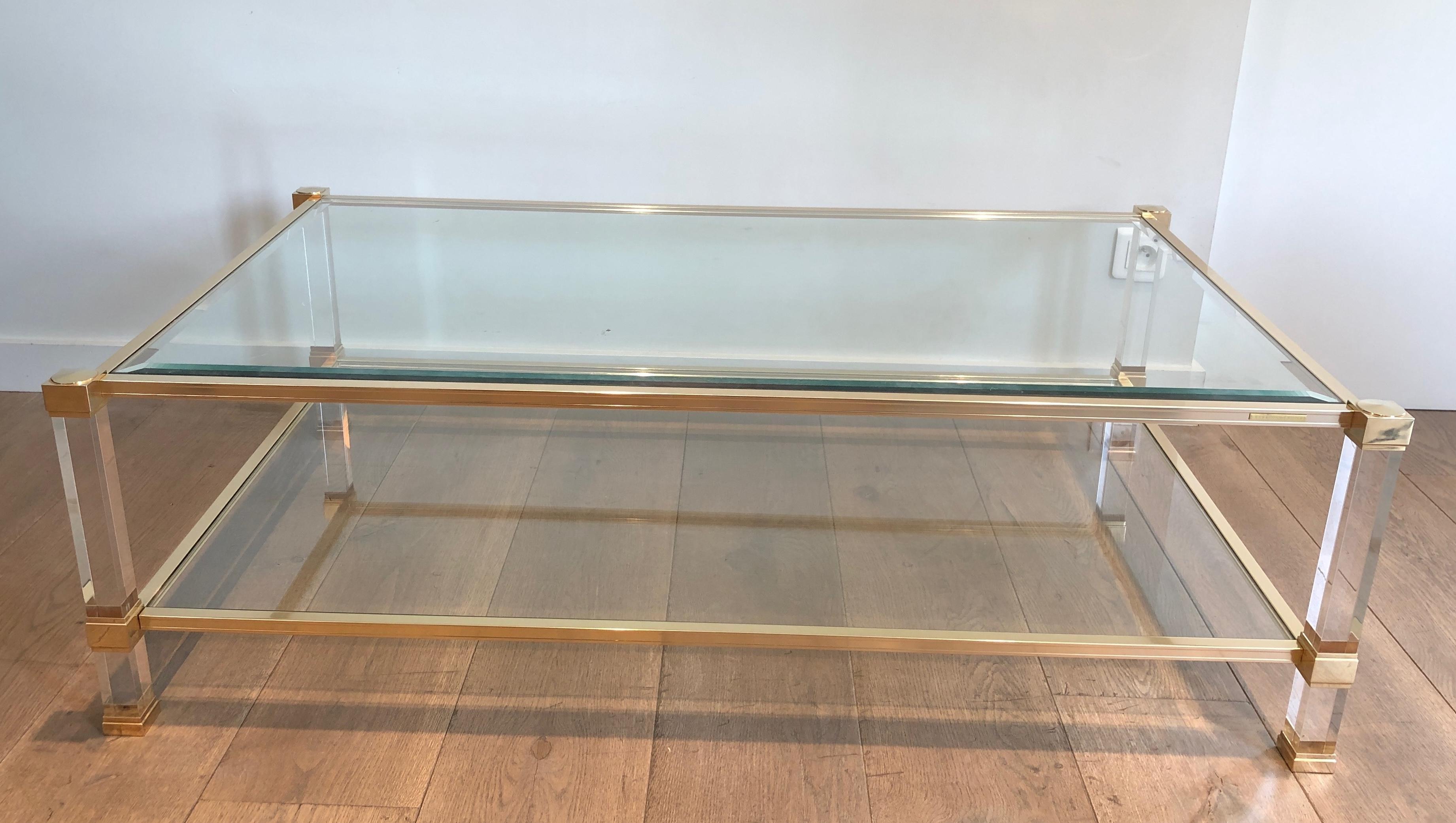 Large Lucite and Gilt Metal Coffee Table by Pierre Vandel 15