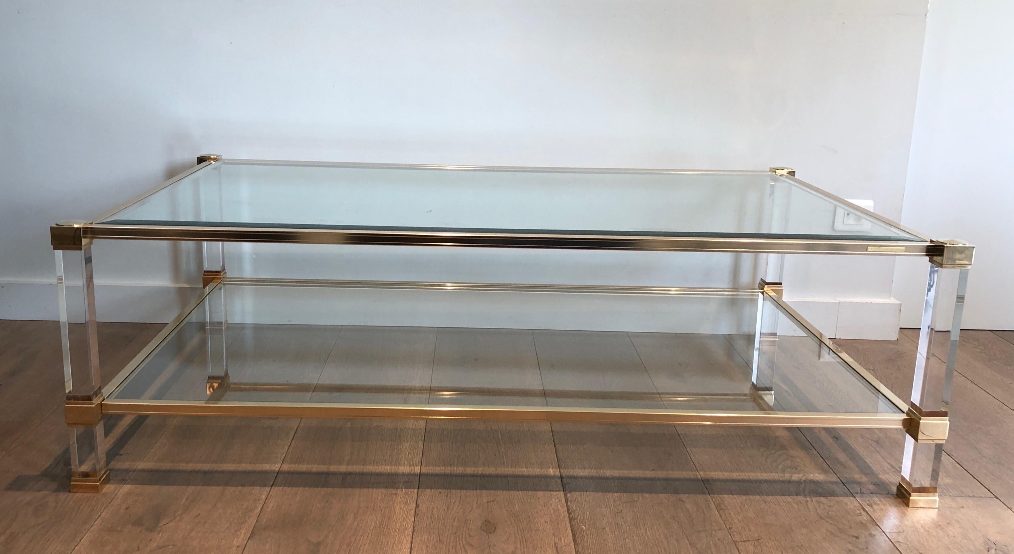 Mid-Century Modern Large Lucite and Gilt Metal Coffee Table by Pierre Vandel