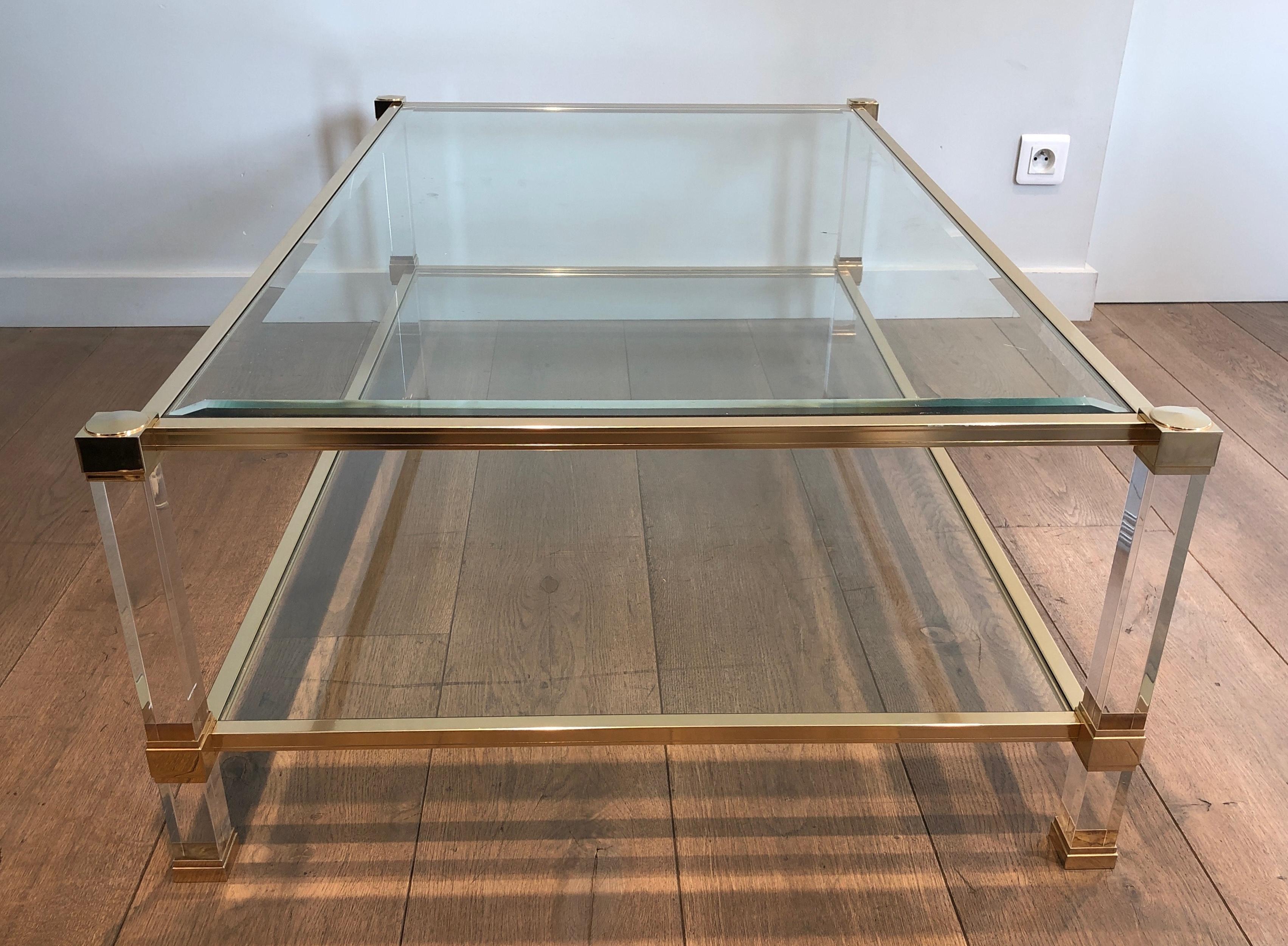 Large Lucite and Gilt Metal Coffee Table by Pierre Vandel 1