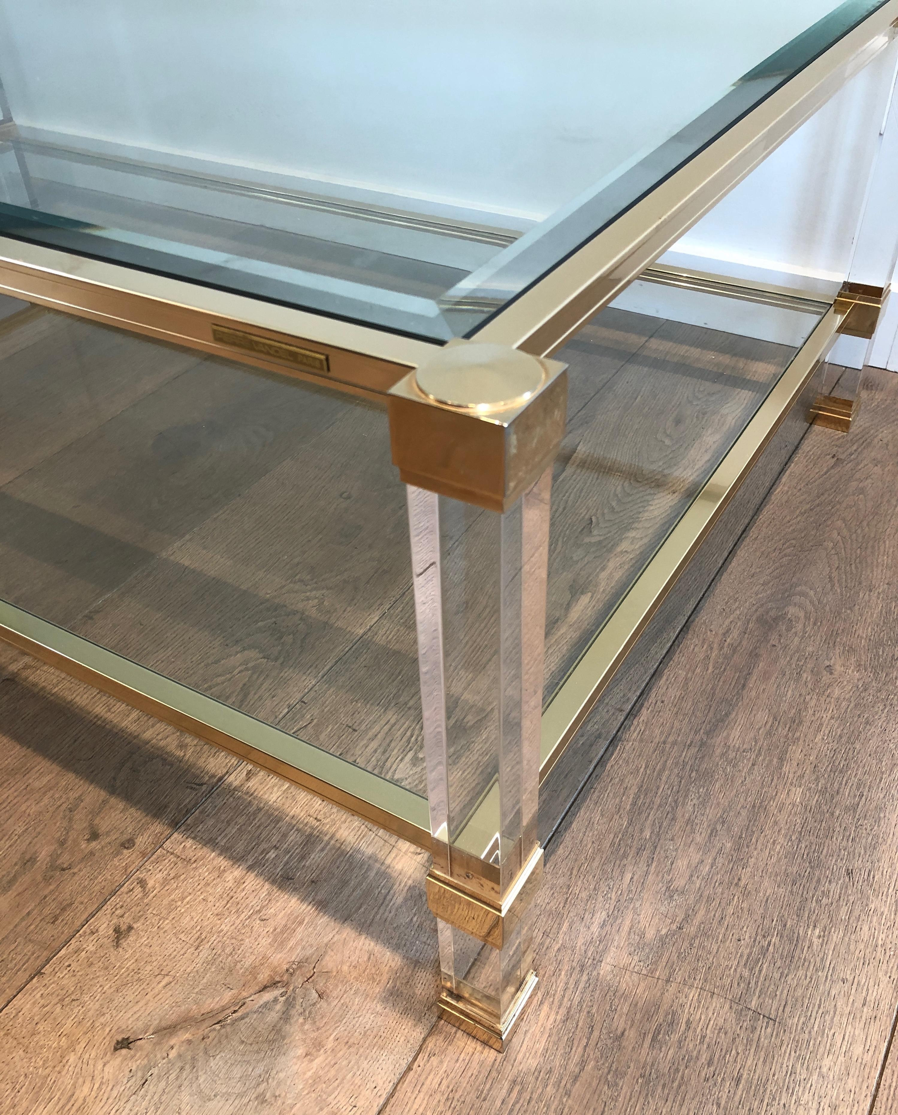 Large Lucite and Gilt Metal Coffee Table by Pierre Vandel 3