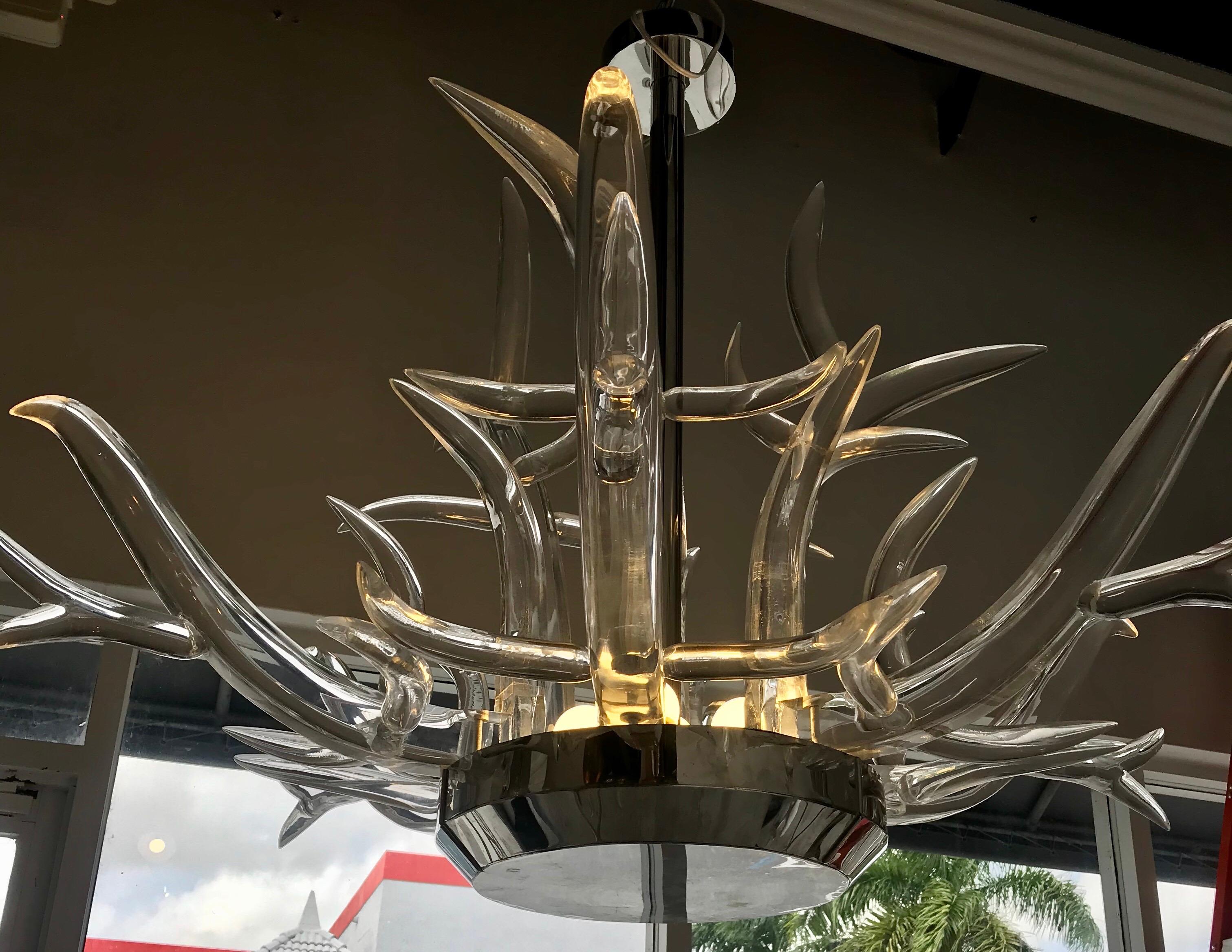 Modern Large Lucite and Stainless Steel Antler Chandelier For Sale