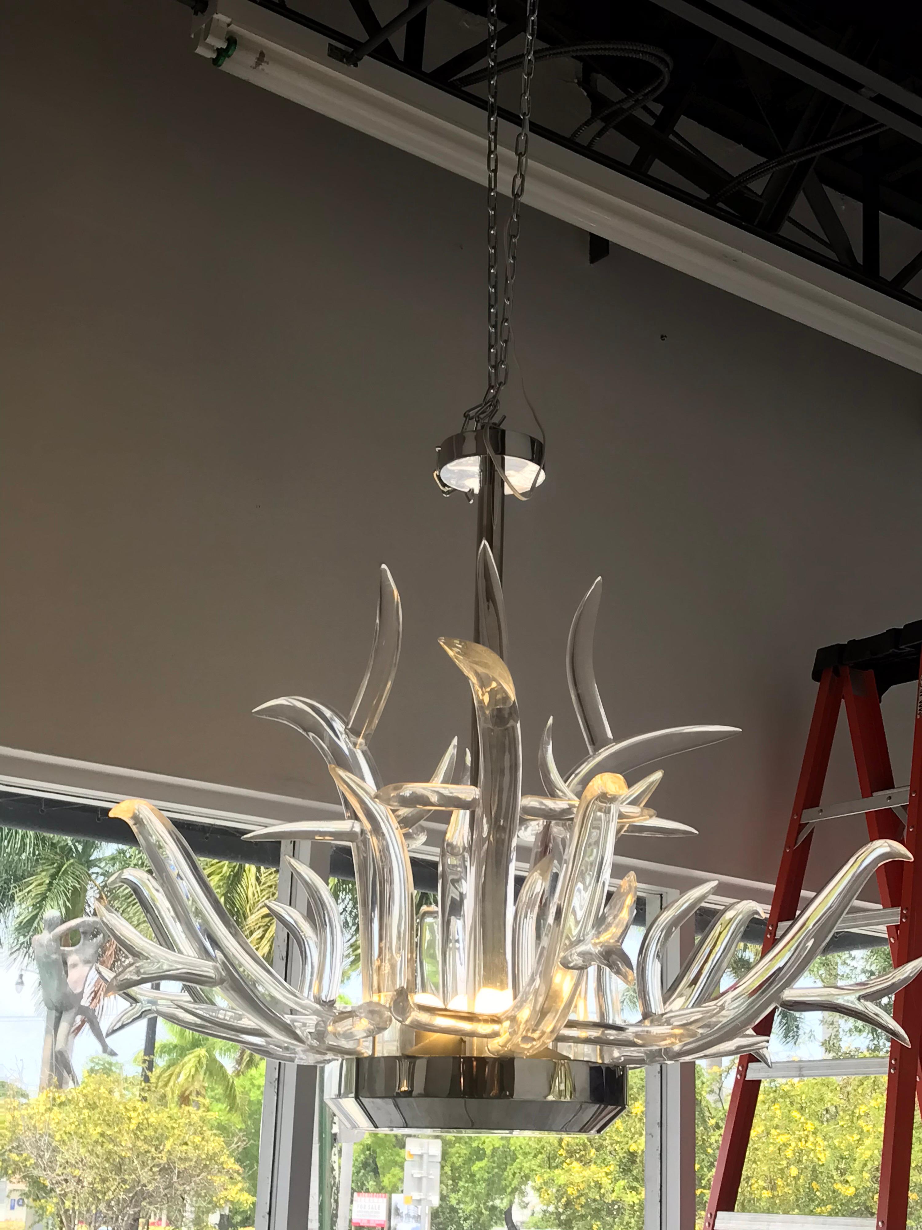 American Large Lucite and Stainless Steel Antler Chandelier For Sale