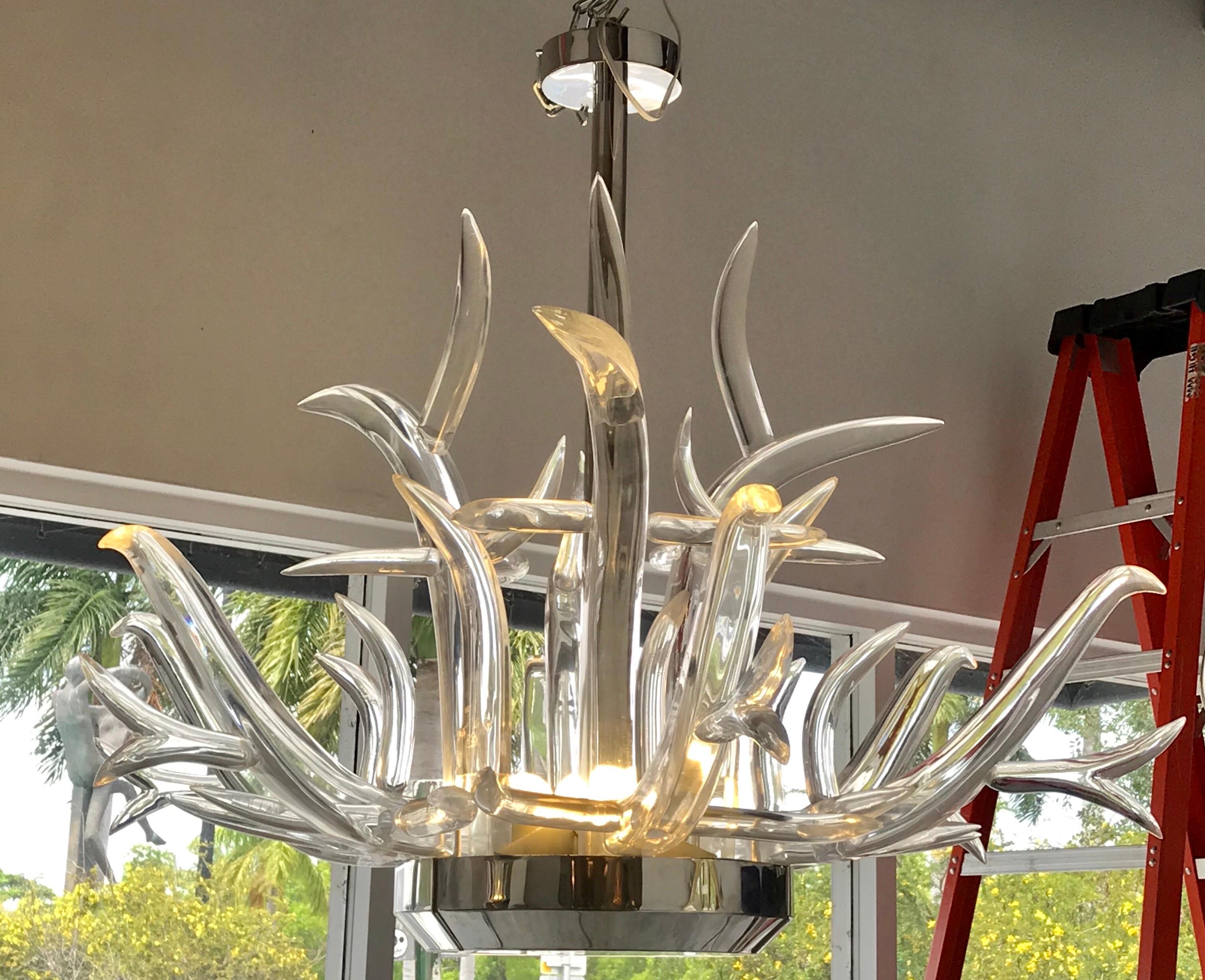 Large Lucite and Stainless Steel Antler Chandelier In Good Condition For Sale In Miami, FL