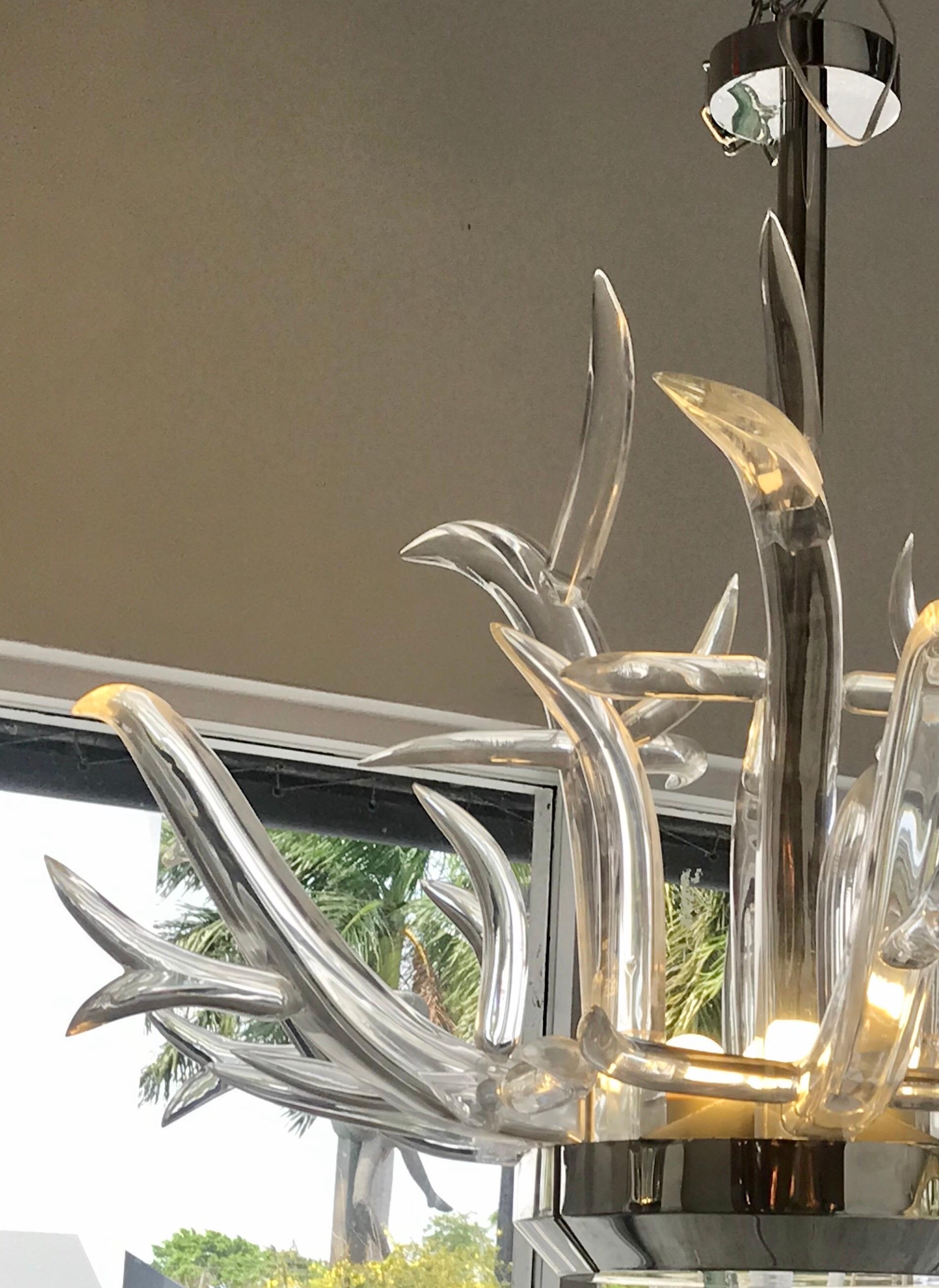 20th Century Large Lucite and Stainless Steel Antler Chandelier For Sale