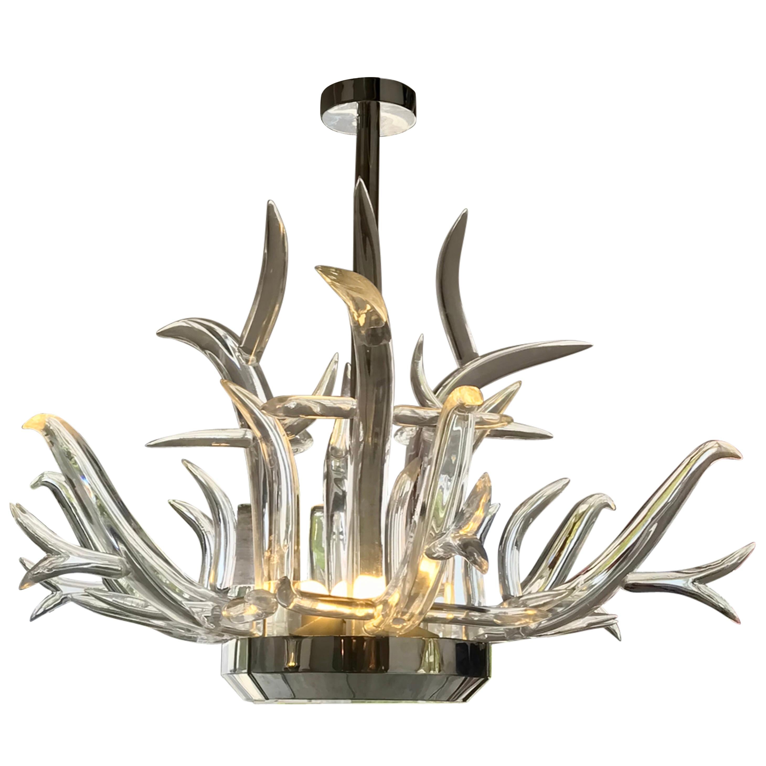 Large Lucite and Stainless Steel Antler Chandelier For Sale