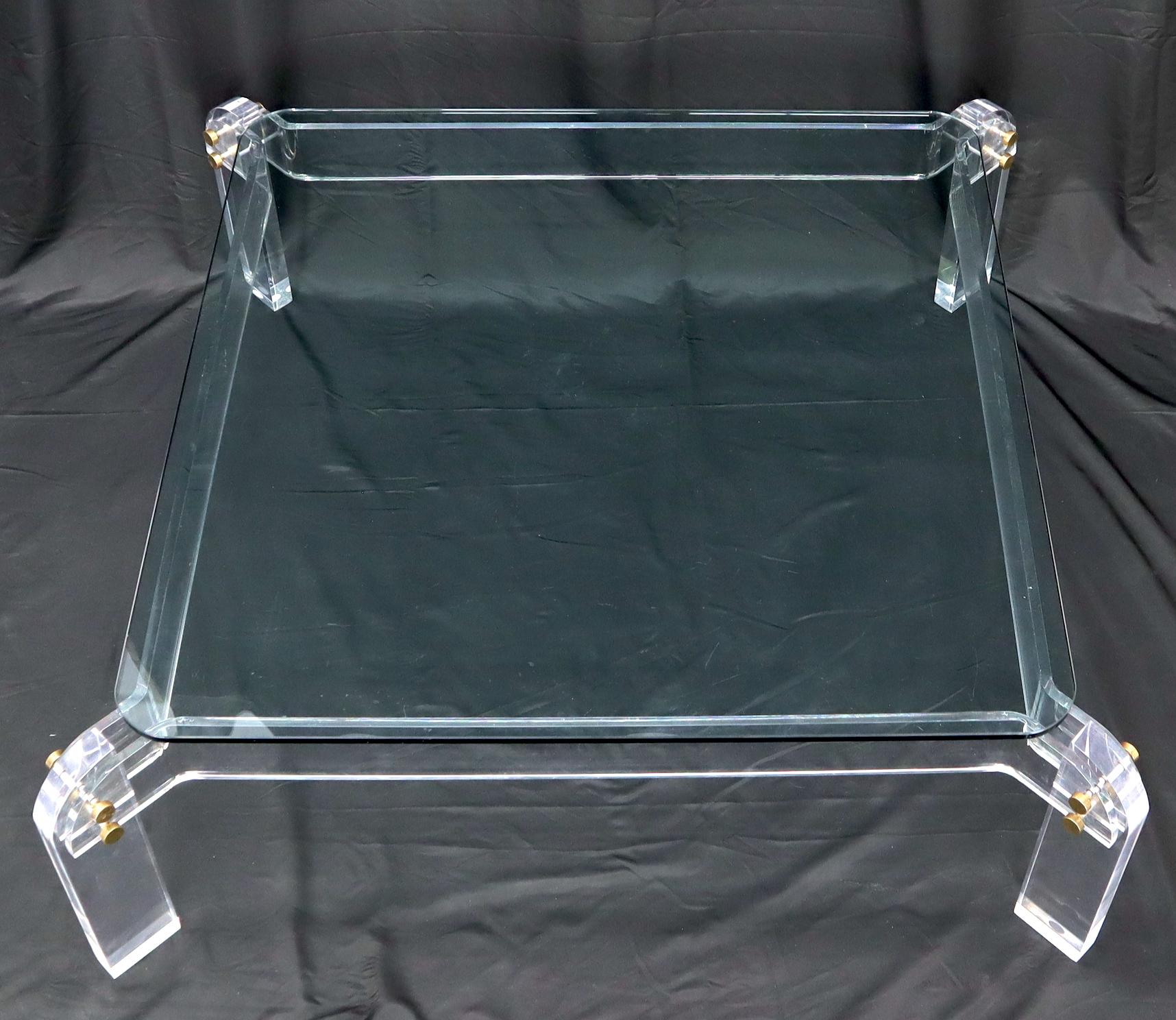 Mid-Century Modern large square lucite base glass top coffee table.