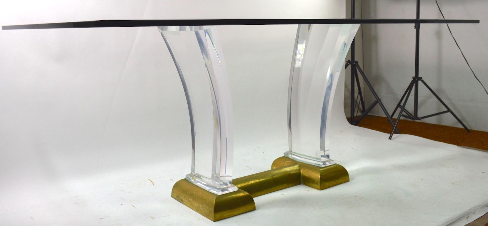 Large Lucite Brass and Glass Dining Table by Jeffrey Bigelow For Sale 6